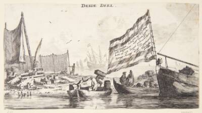 En landingsplads med fiskernet og kanoner. Titelblad til "Forskellige skibe og udsigter fra Amsterdam (III)"