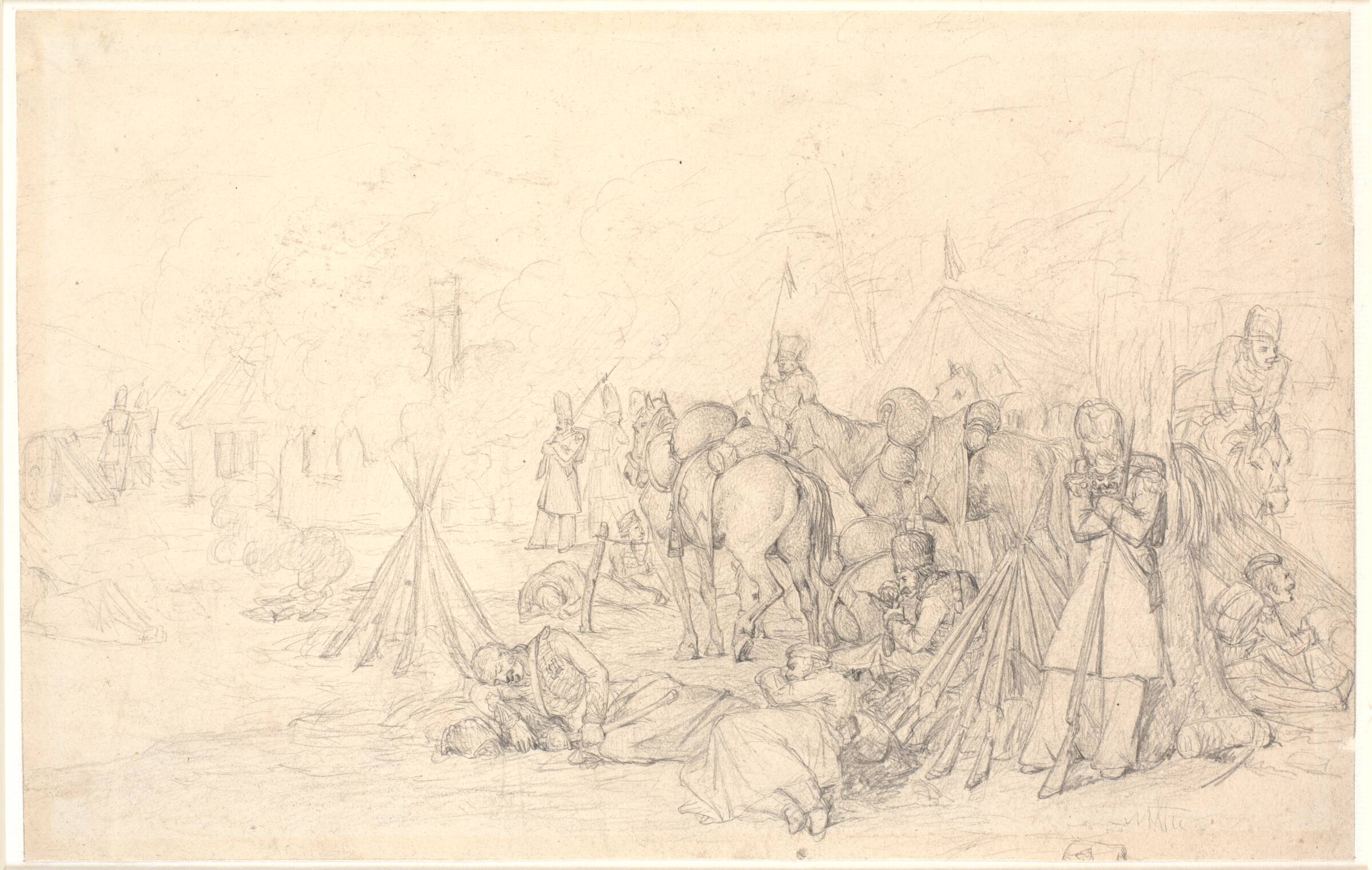 Franske som bivuakerer på valpladsen efter et slag, Jørgen V. Sonne, 1821-1824