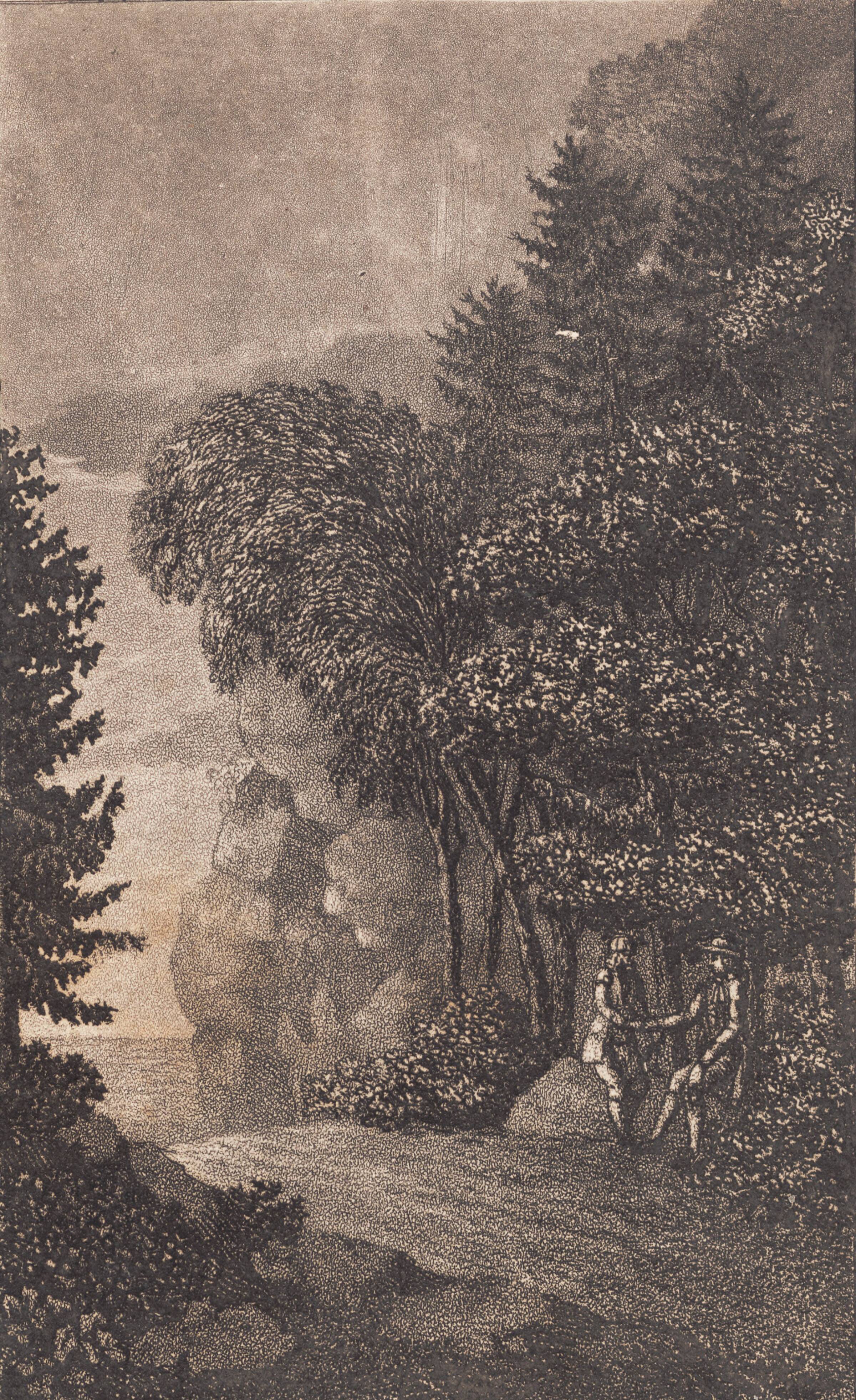 Landskab med klipper og store træer, t.h. to mænd, Heinrich Grosch, 1763-1843