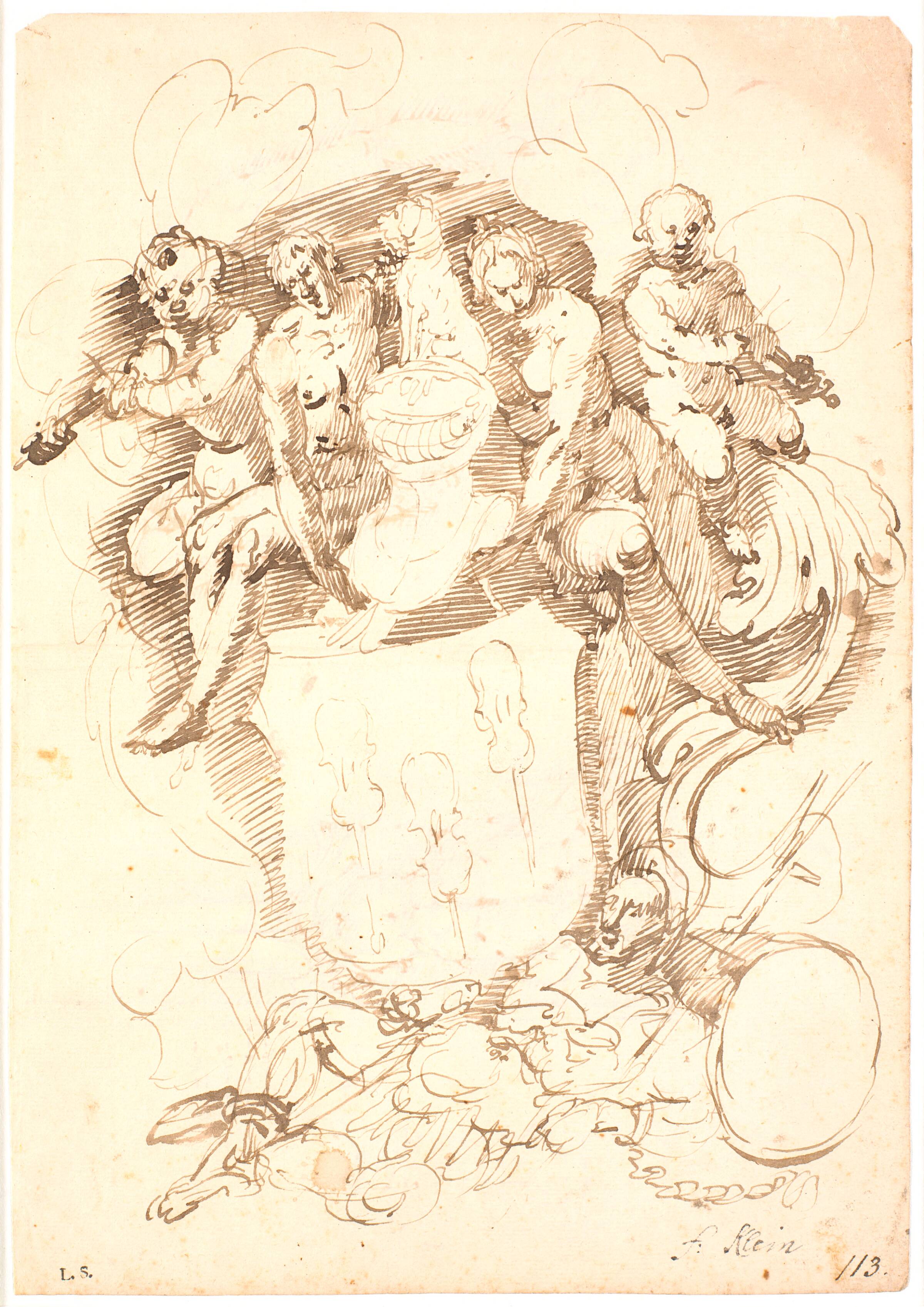 Heraldisk komposition: våbenskjold med tre opvendte violiner, hundekronet hjelm, omgivet af to figurer og to violinspillende putti, det hele hvilende på liggende mandsfigur (Neptun?), Frantz Clein, 1582-1658