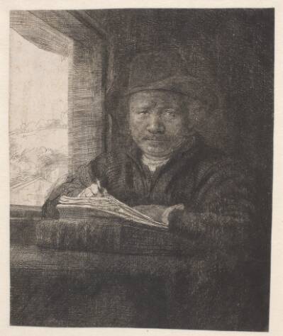 Rembrandt, tegnende ved et vindue