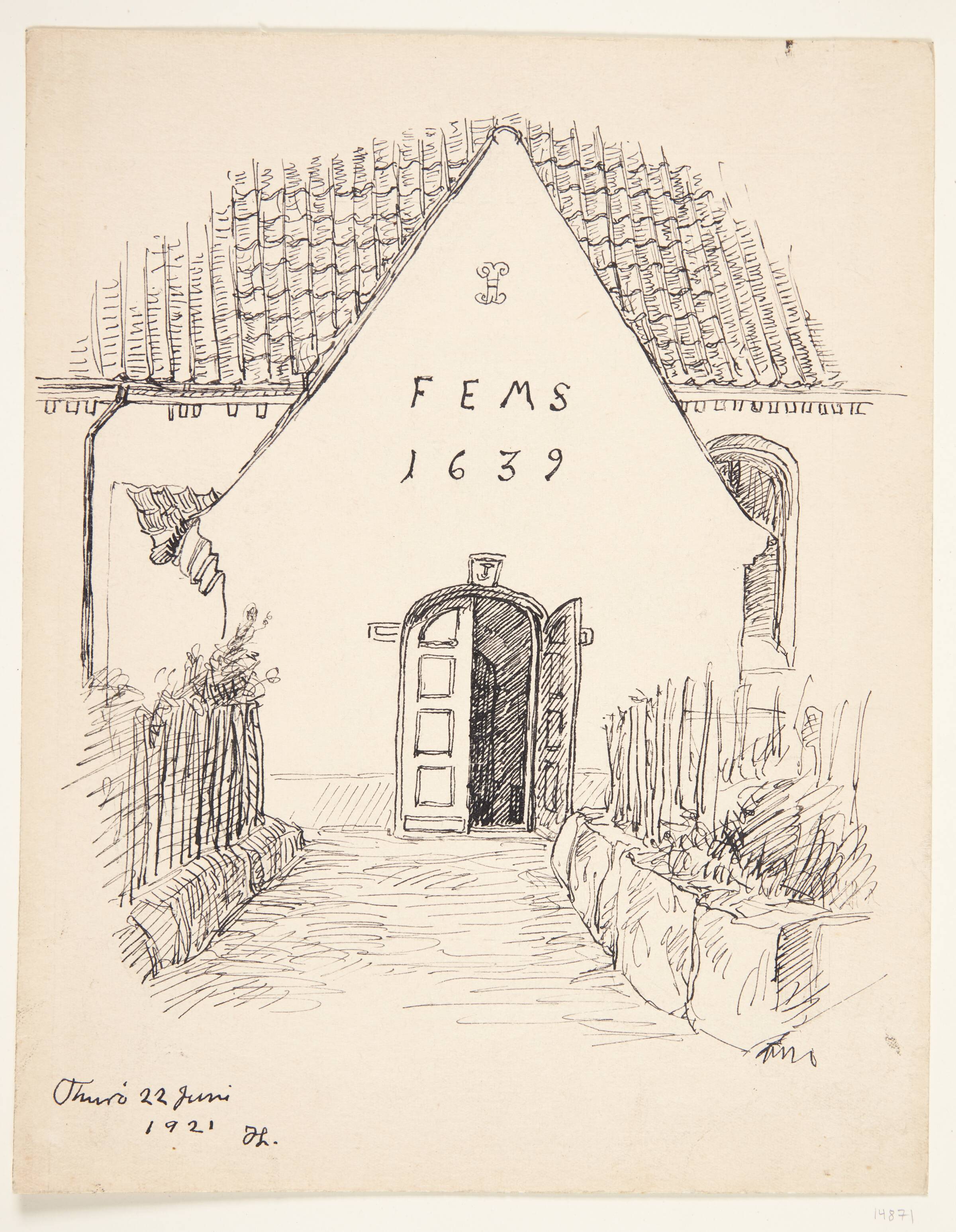 Facade på bygning med påskriften "FEMS 1639". Thurø, Johannes Larsen, 1921