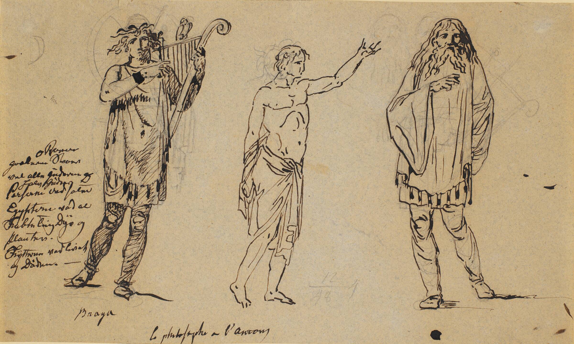 Tre mandsfigurer. Den t.v. ligner Braga-figuren på forgående blad, Nicolai Abildgaard, 1743-1809