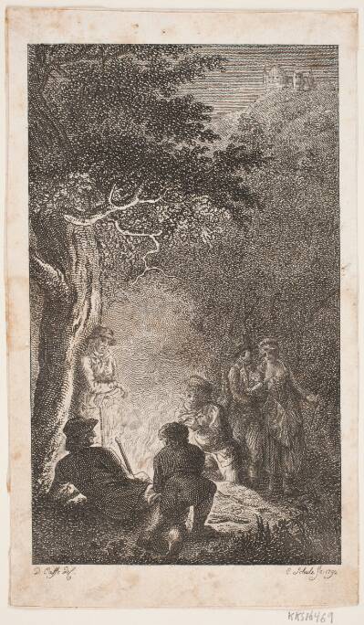 Illustration med figurer om et bål