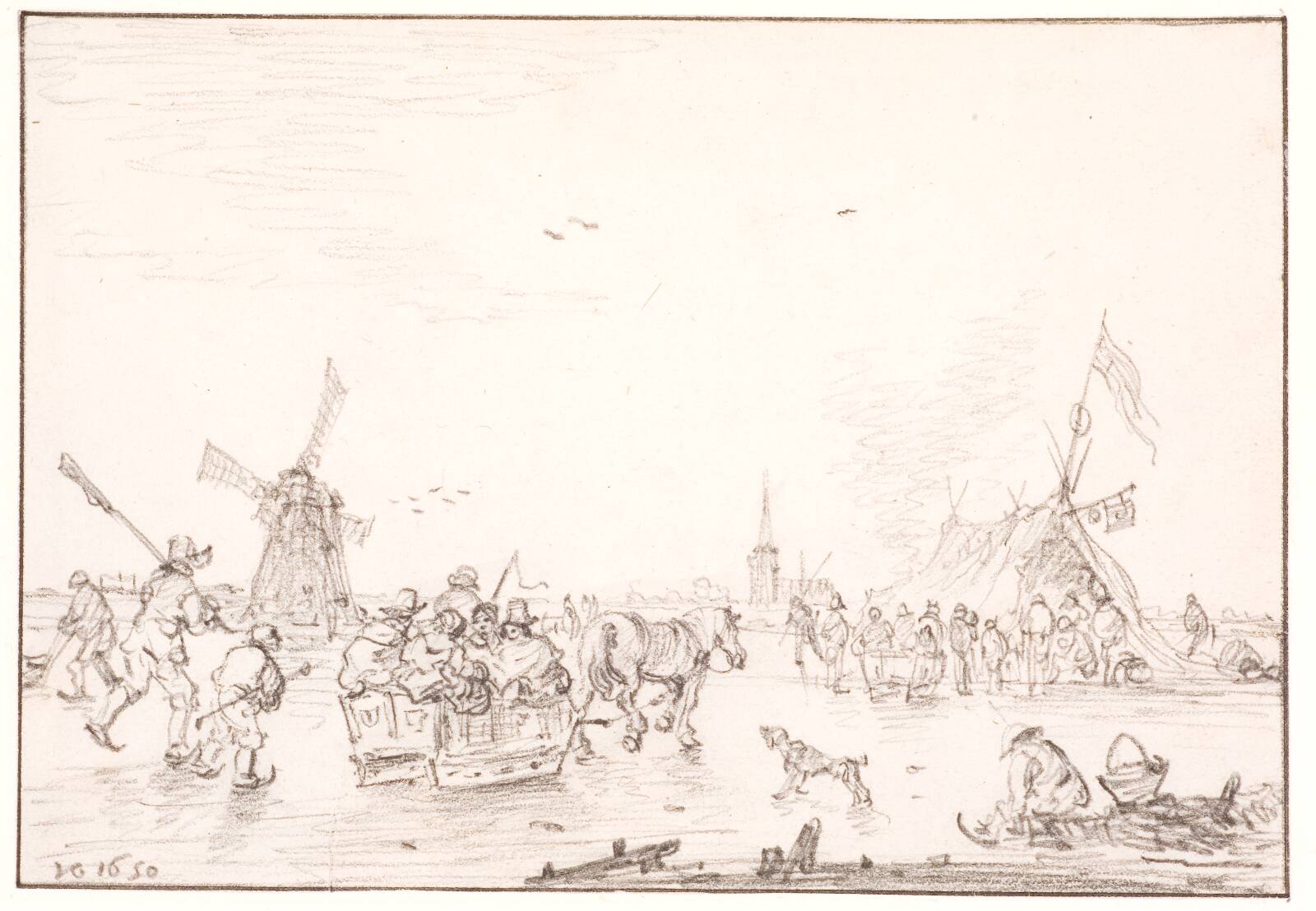 Vinterlandskab med skøjteløb og slædekørsel på isen, by Jan Josefsz van Goyen, 1650