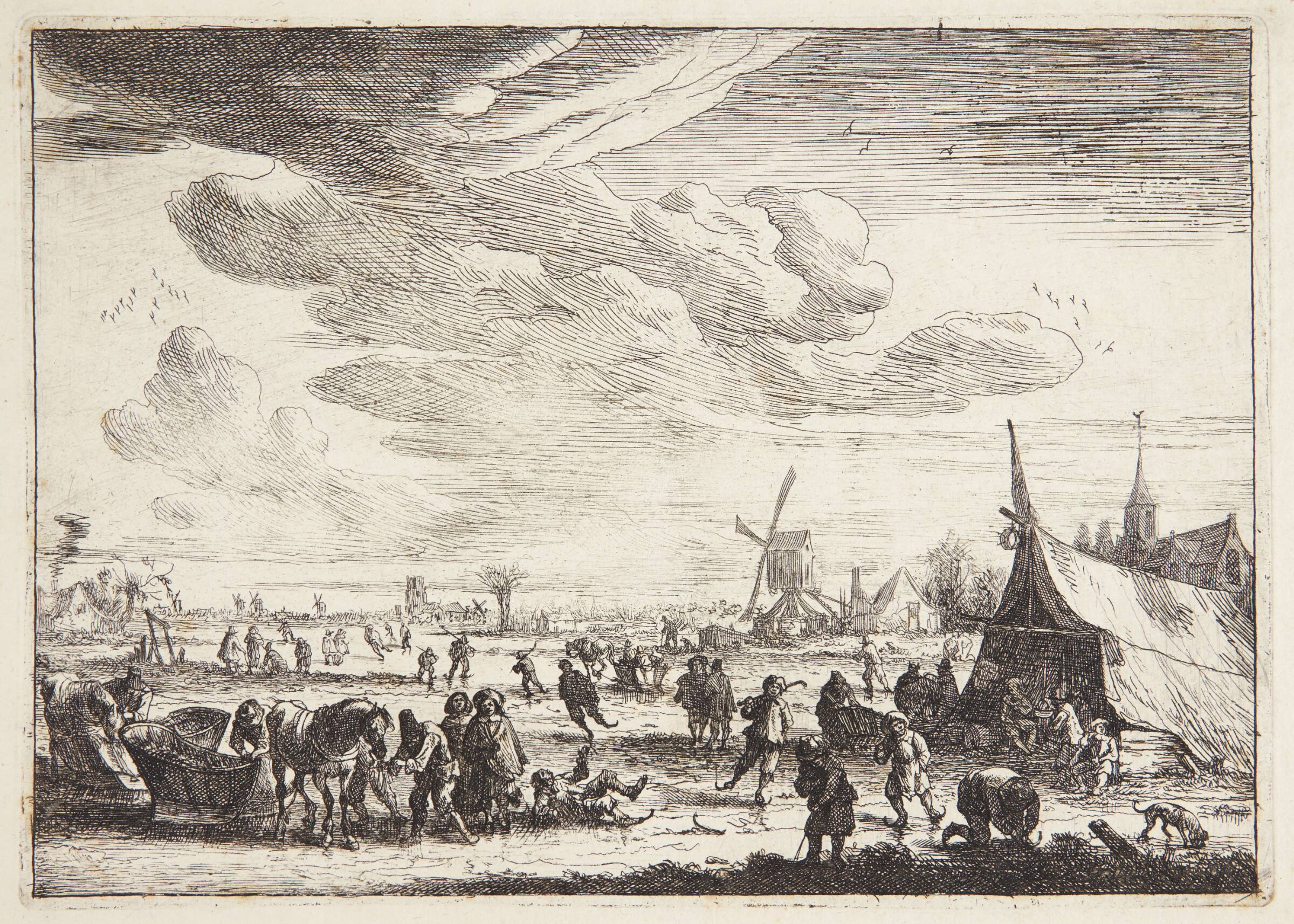 Vinterlandskab med slæder og skøjteløbere på en kanal, Pieter Bout, 1620-1719