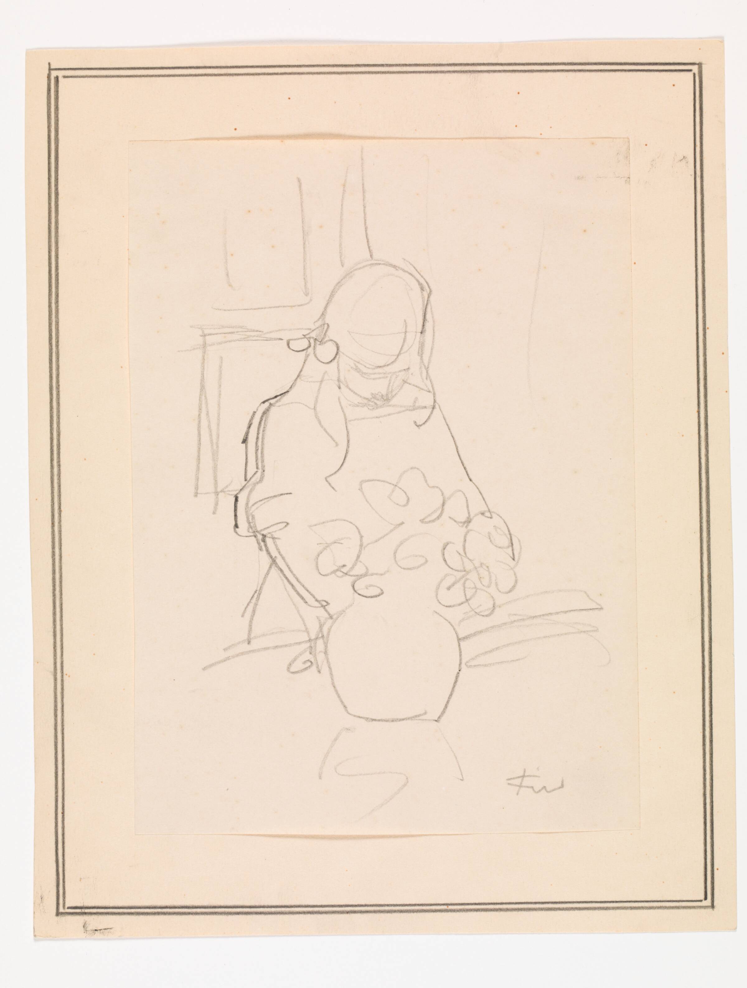 Pige stående ved et bord med en vase, Ludvig Find, 1869-1945
