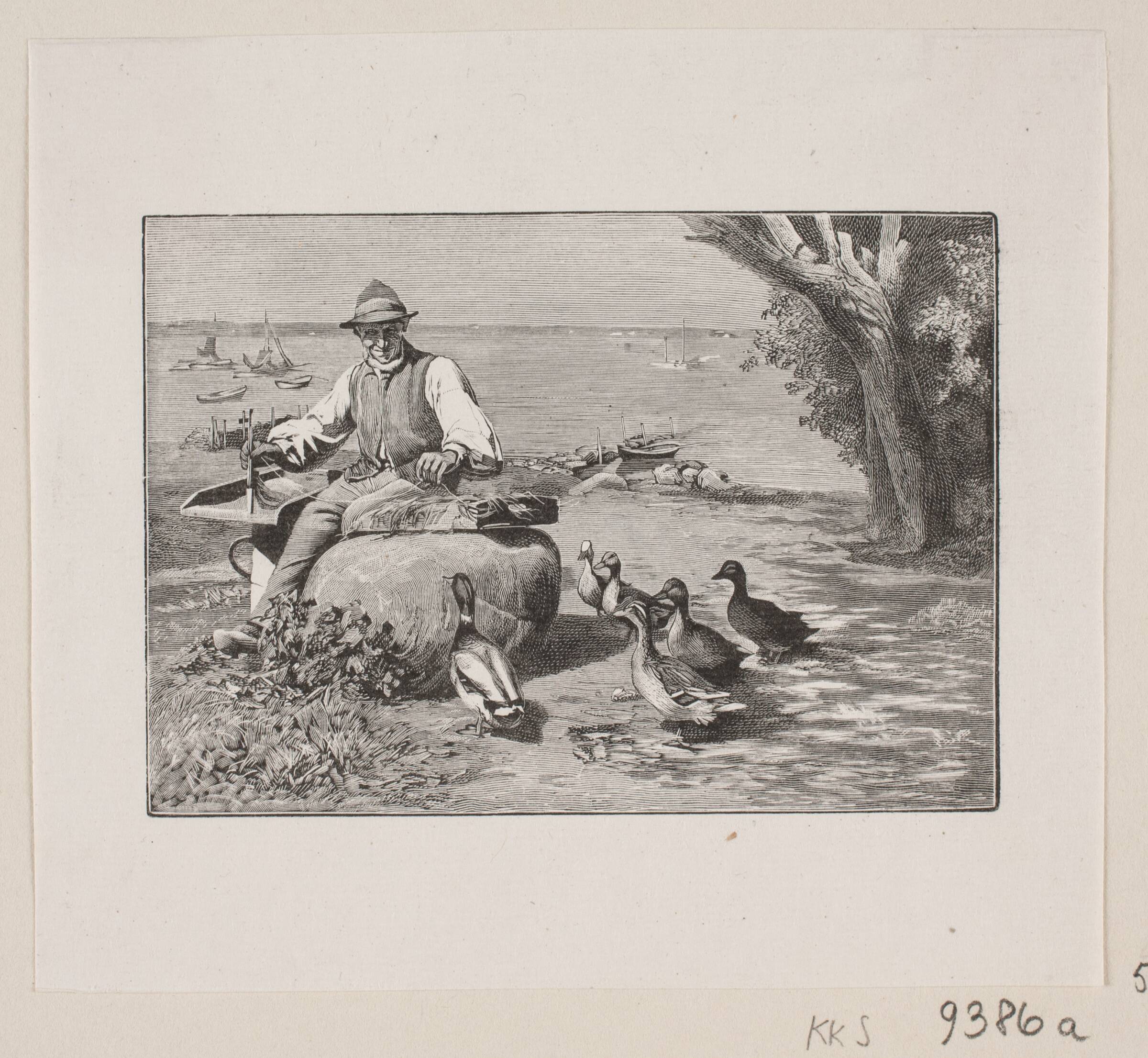 En fisker ordner sine snører omgivet af en flok ænder, Hans Peter Hansen, 1910