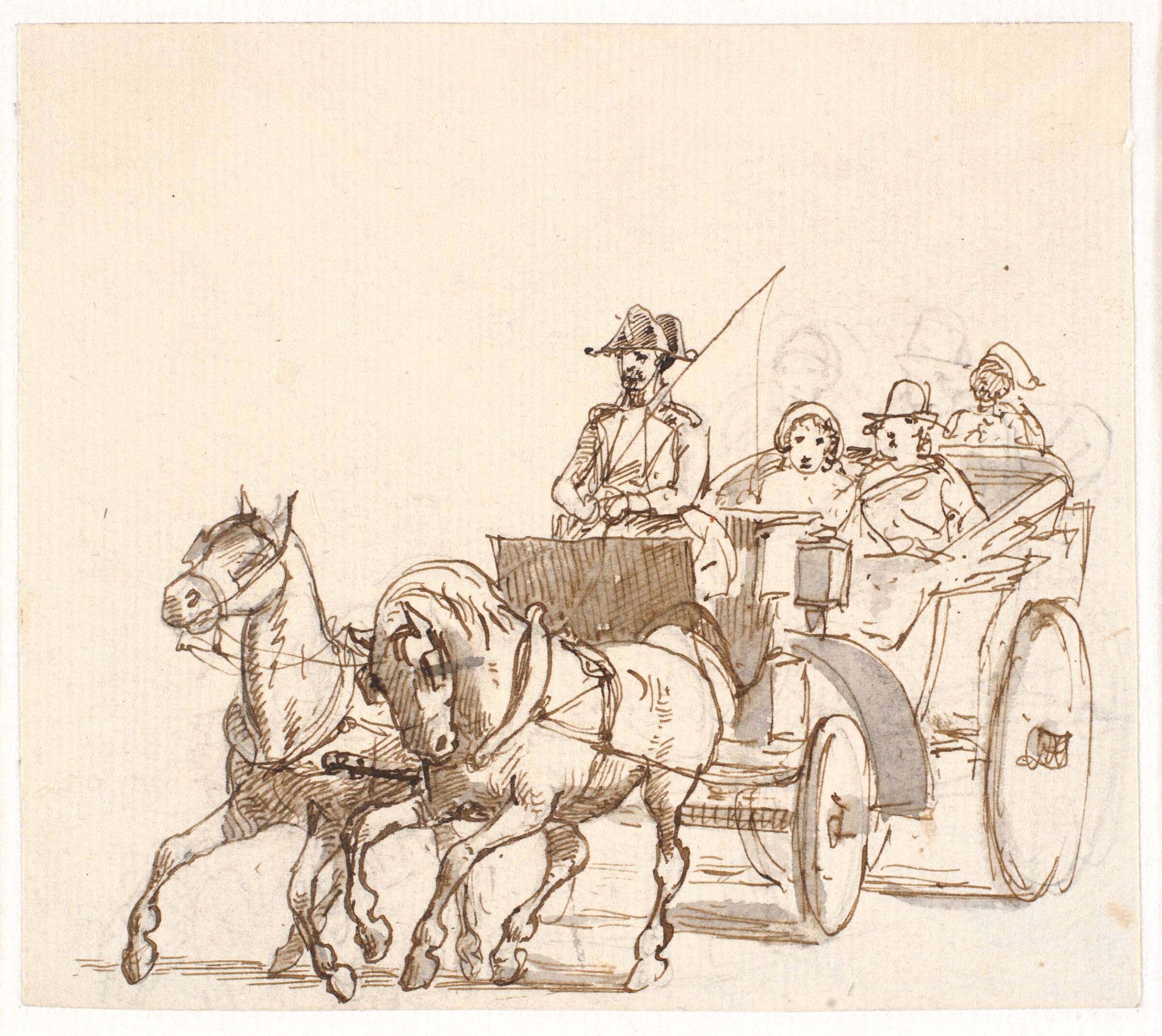 Landauer. Kusk med trekantet hat, herskab og tjener, Wilhelm Marstrand, 1810-1873