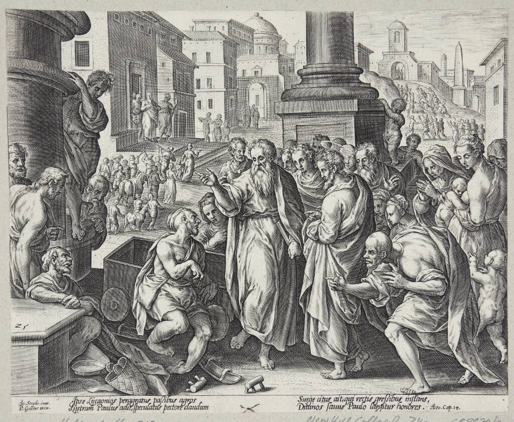 Paulus helbreder den lamme i Lystra, Adriaen Collaert, 1582
