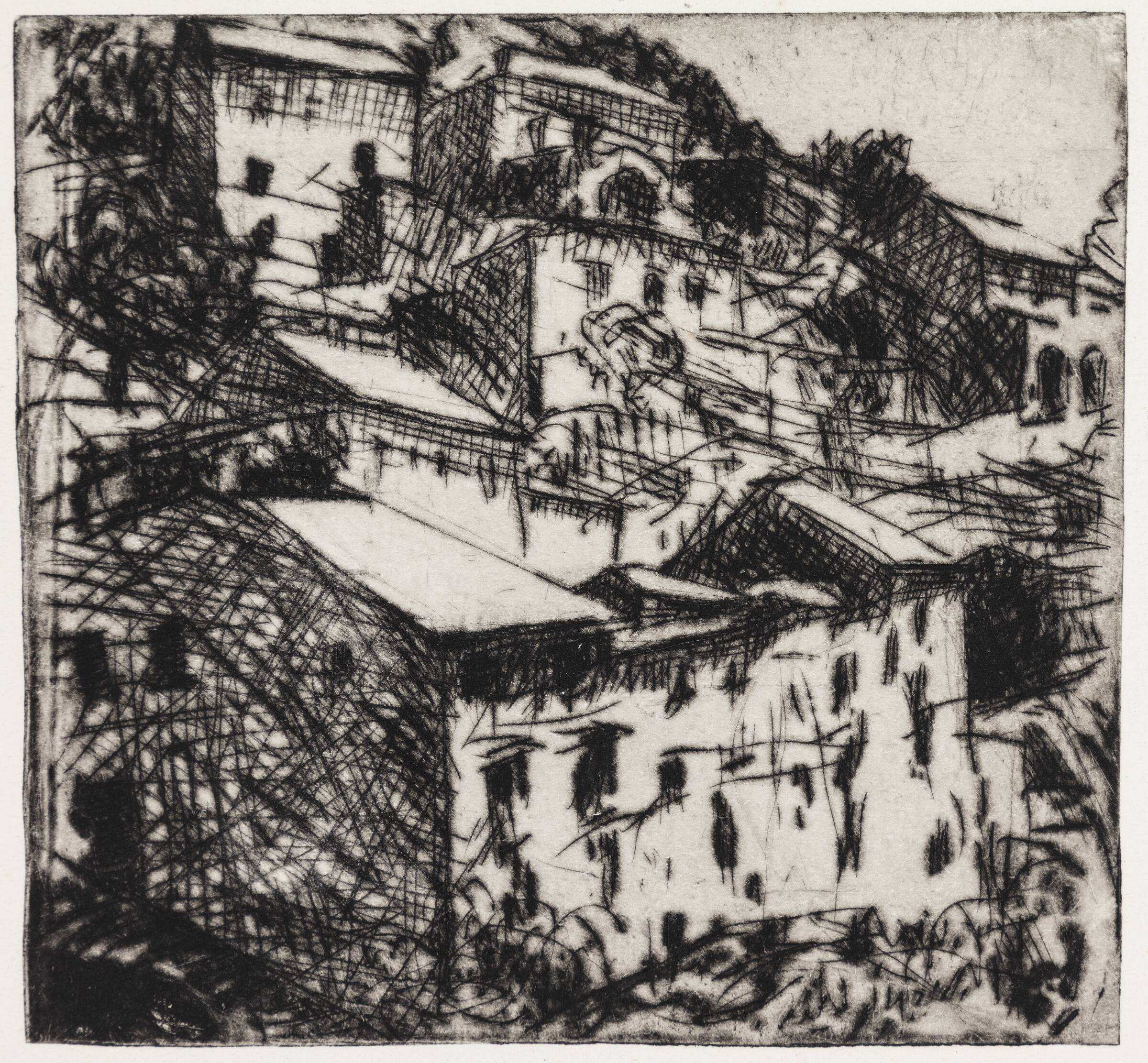 Huse på bjergskråning nær San Cataldo, Italien, Holger J. Jensen, 1953