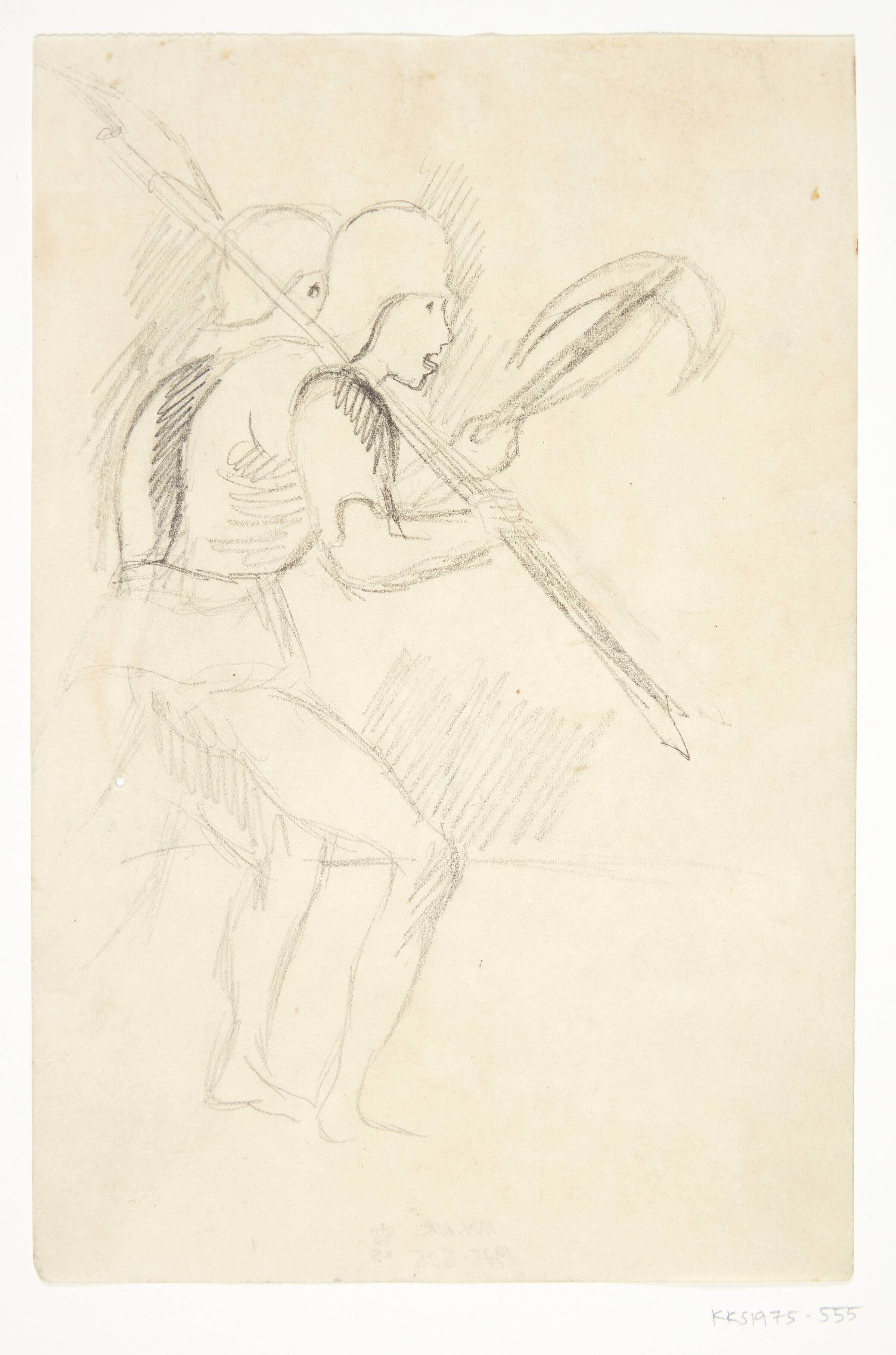 Kriger med hellebard og kriger med armbrøst. Kompositionsskitse til P. Uccellos "La Battaglia", William Scharff, 1901-1959