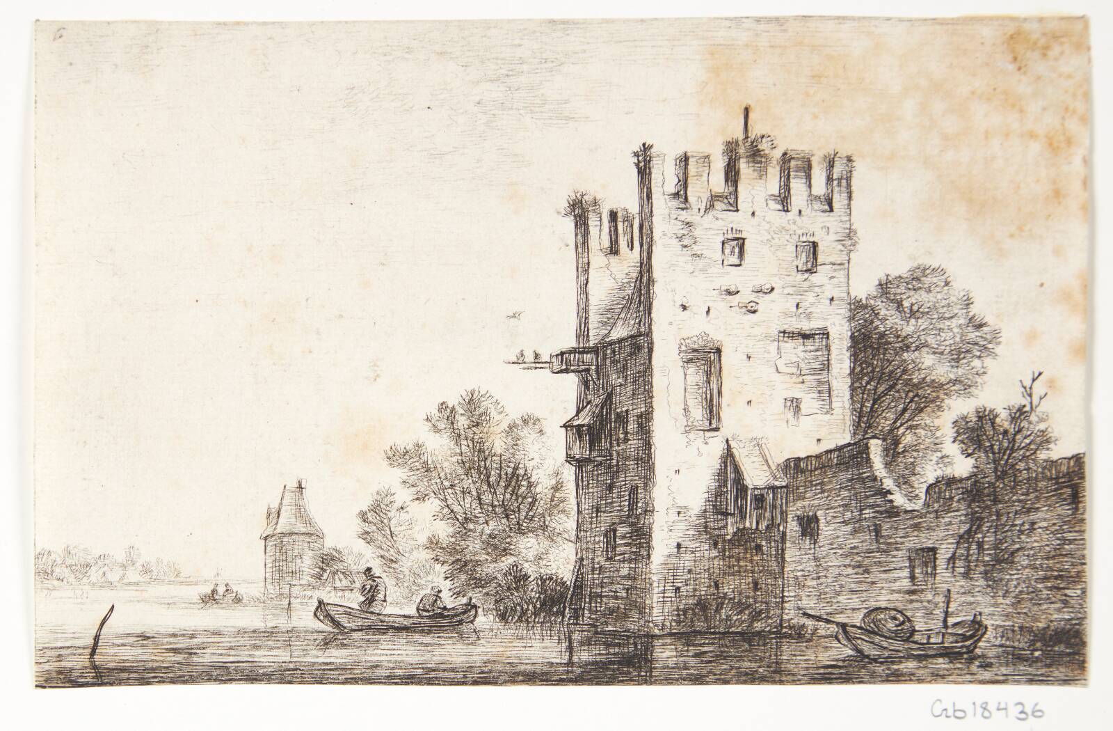 Firkantet tårn ved en flod, Anthonie Waterloo, 1610-1690