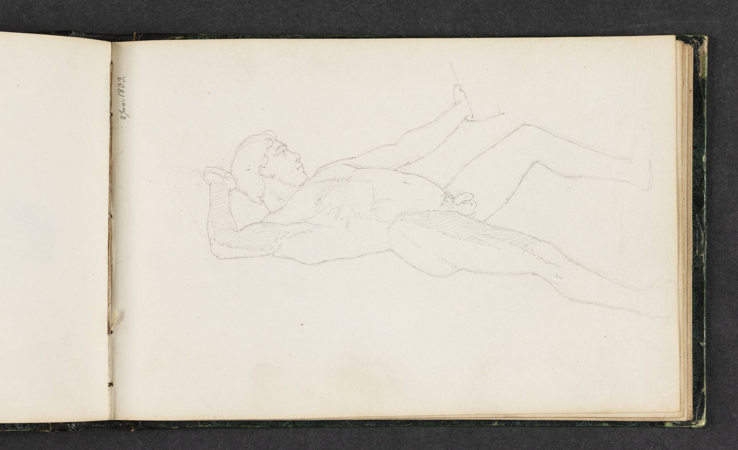 Stående, nøgen, mandlig model med højre arm hævet, Erling Eckersberg, 1833