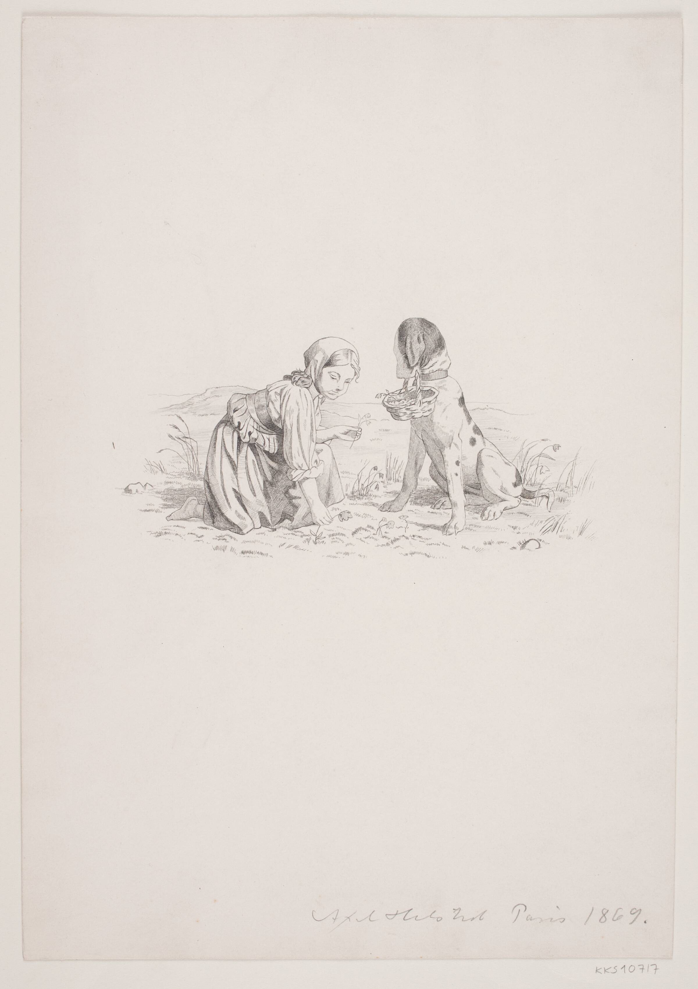 En pige med en hund, Axel Helsted, 1869
