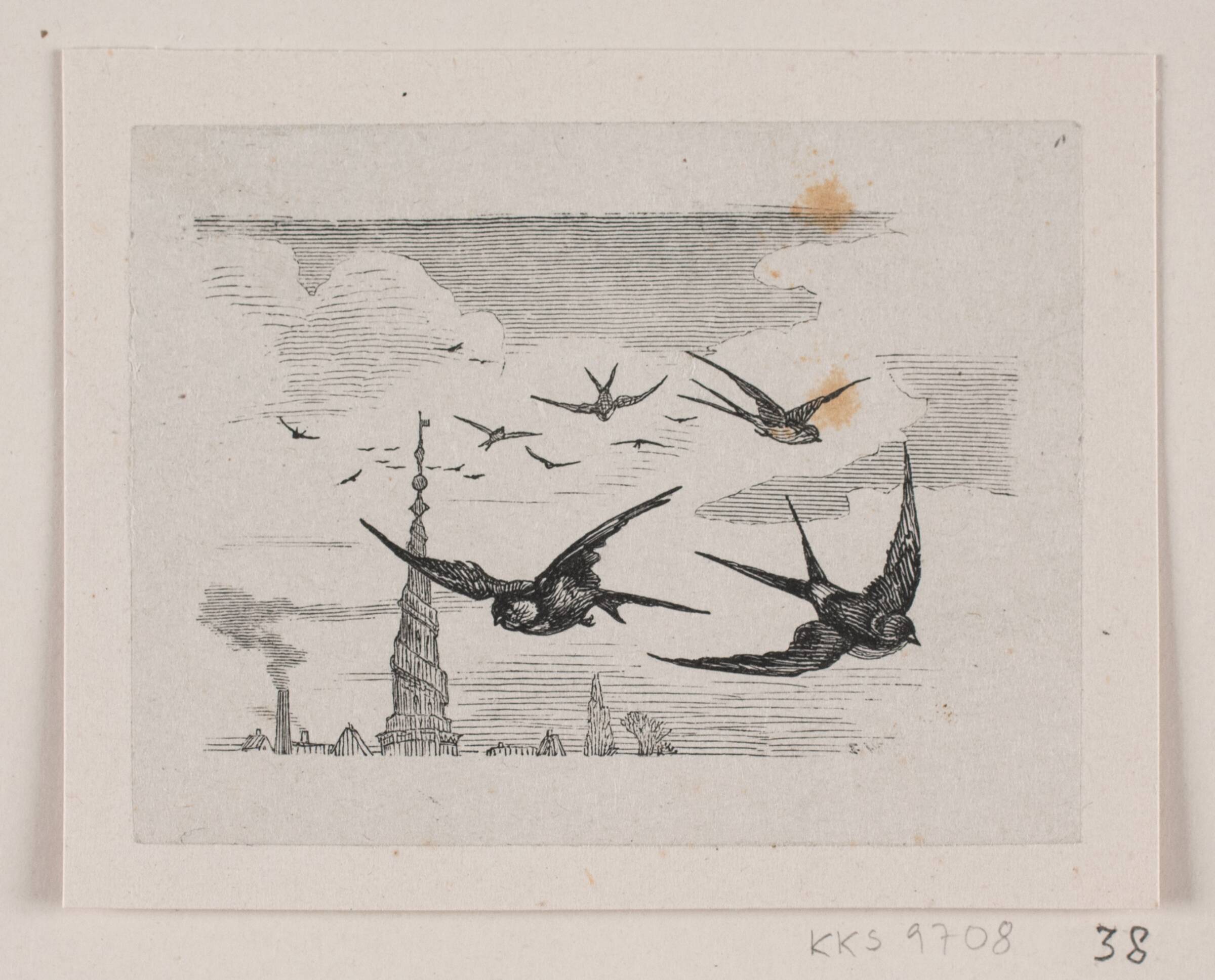 Flyvende svaler. I baggrunden Frelsers kirketårn, Waldemar Bøhme, 1850-1874