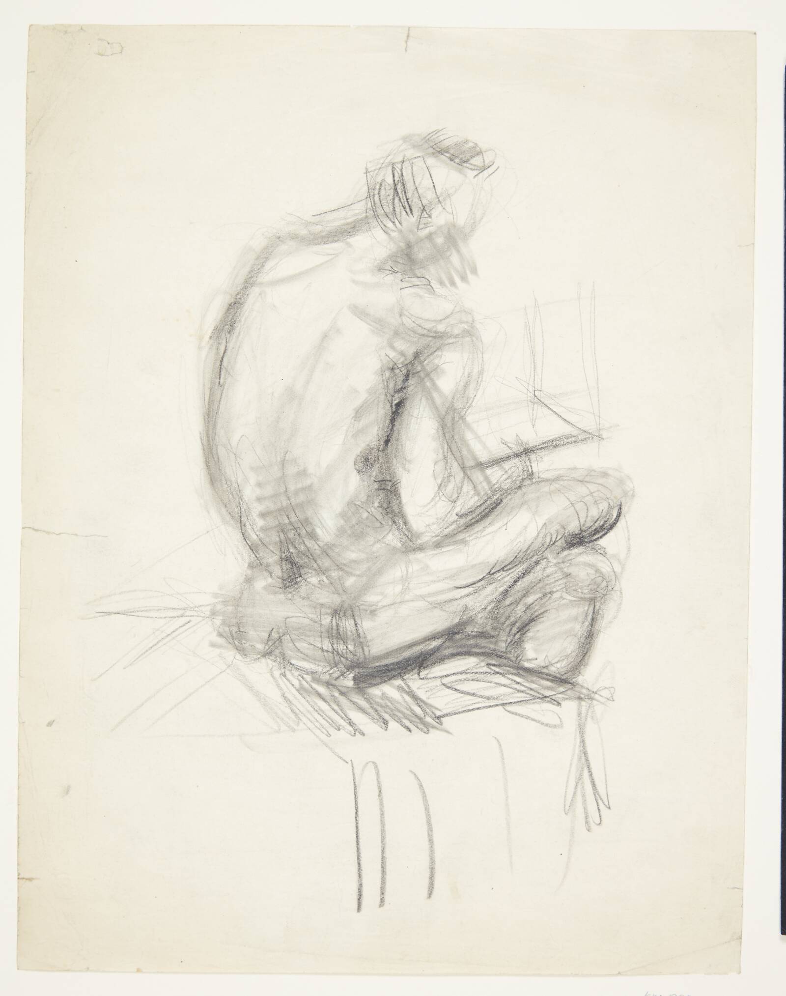 Siddende mandlig model set skråt bagfra, Ebba Carstensen, 1900-1967