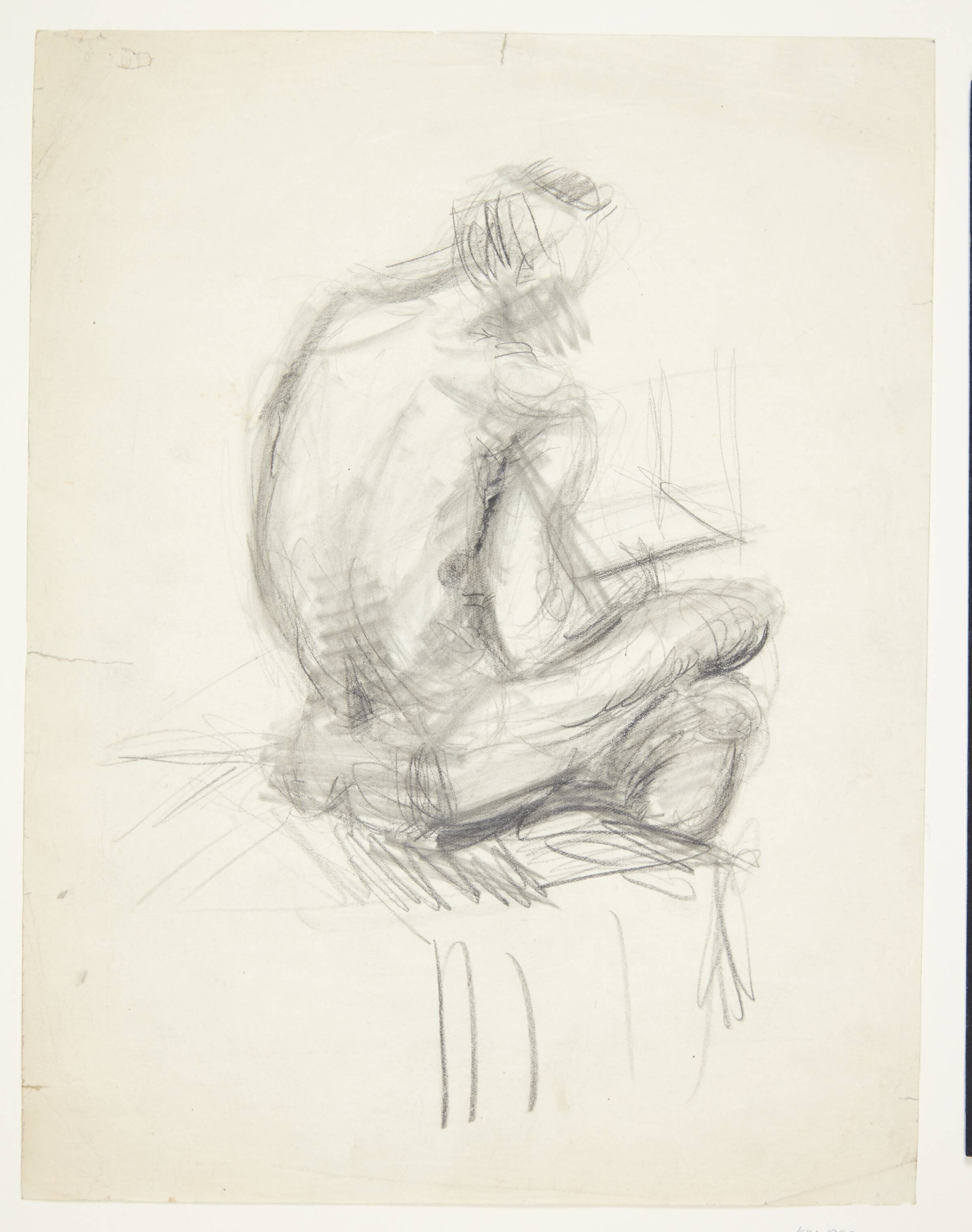 Siddende mandlig model set skråt bagfra, Ebba Carstensen, 1900-1967