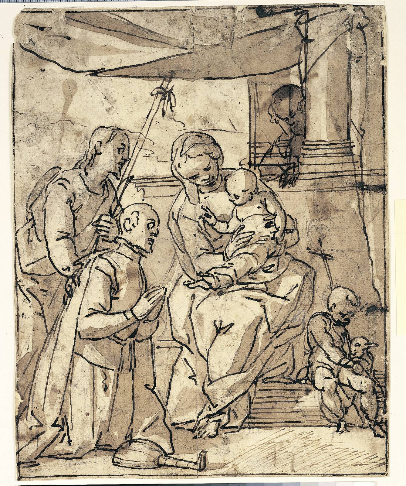 Kompositionsskitse: to knælende mænd foran orientalsk fyrste, by Bénoit Le Coffre, 1671-1722