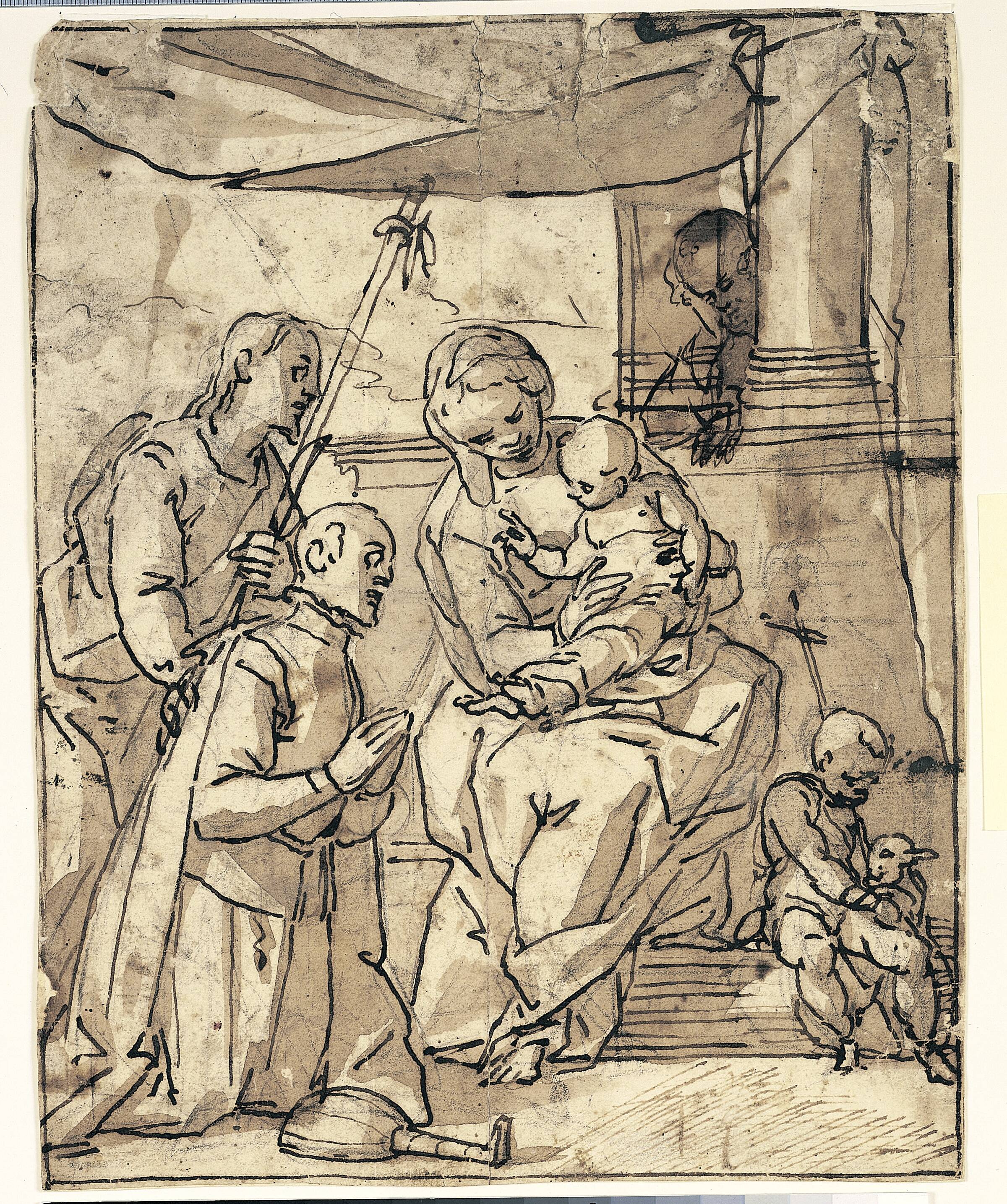 Kompositionsskitse: to knælende mænd foran orientalsk fyrste, Bénoit Le Coffre, 1671-1722