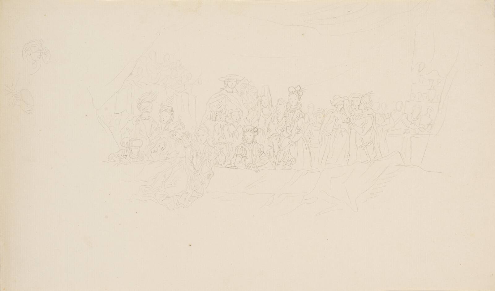 Skitse til billedet "Et maskebal" på Frederiksberg Slot, by Bénoit Le Coffre, 1671-1722