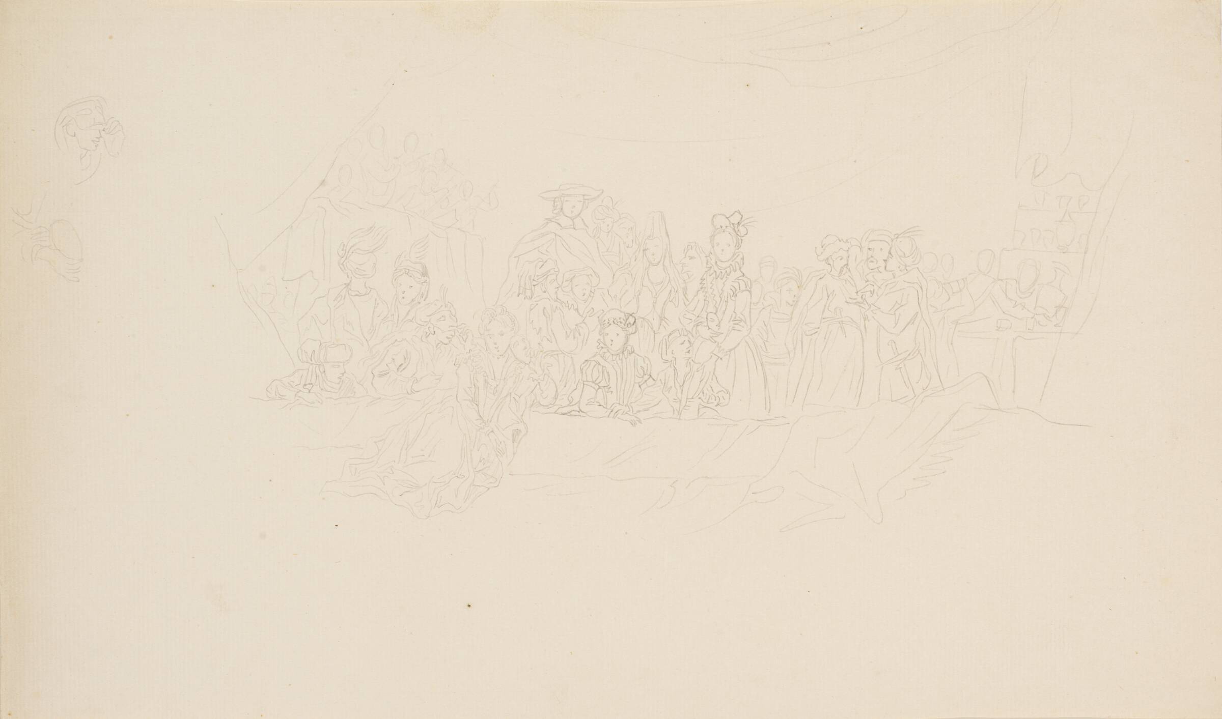 Skitse til billedet "Et maskebal" på Frederiksberg Slot, Bénoit Le Coffre, 1671-1722