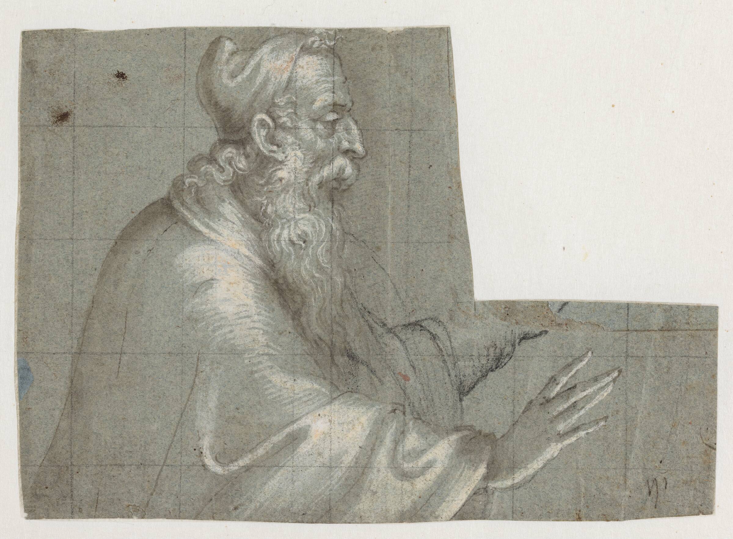 Gammel mand (en doge?), halvfigur, profil t.h. med fremstrakte hænder, Bernardino Campi, 1522-1592