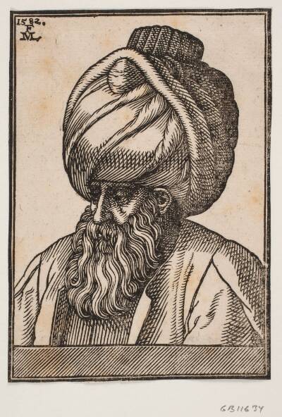 Brystbillede af mand med fuldskæg og turban, 3/4-profil t.v.