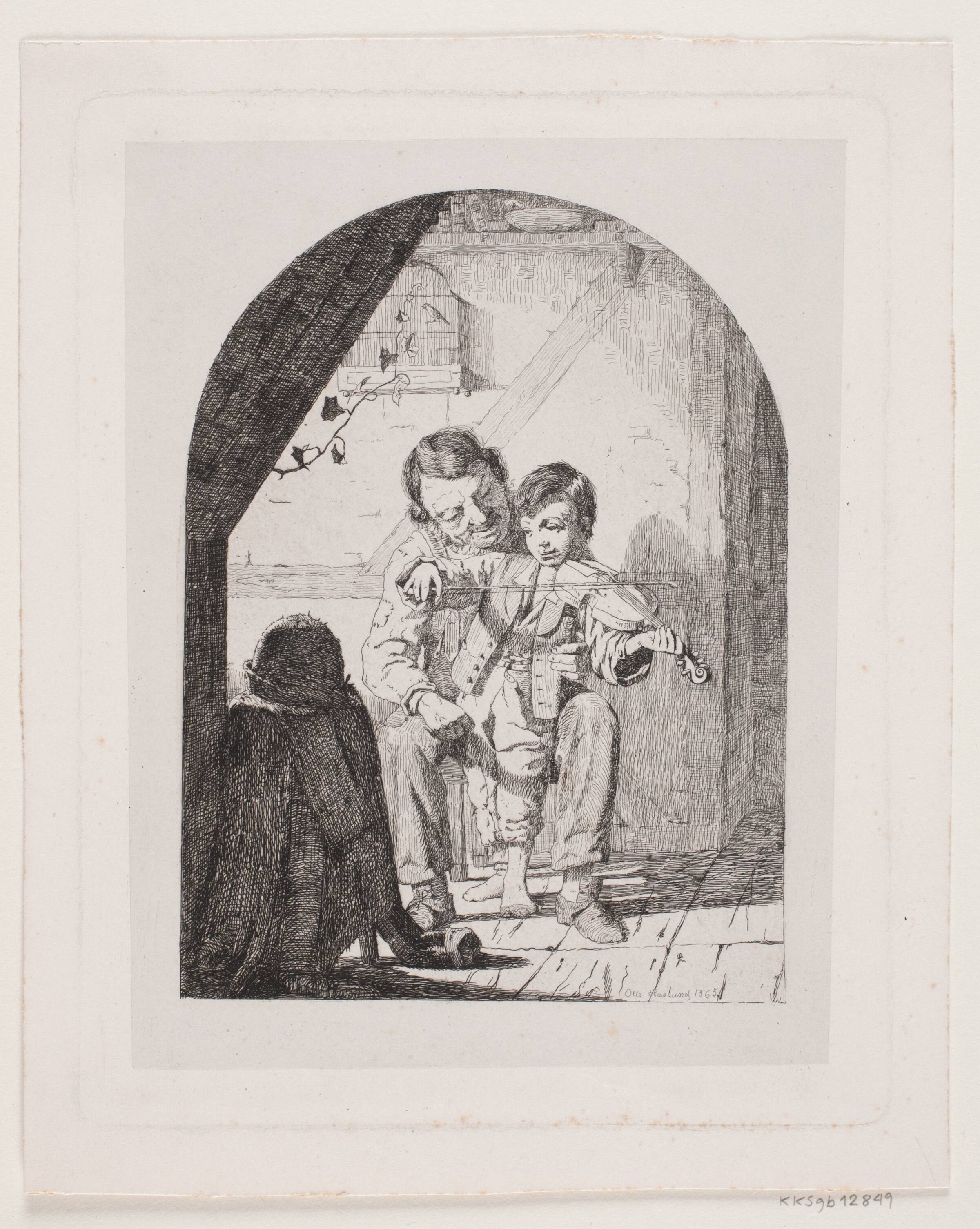Drengen lærer at spille violin, Otto Haslund, 1865