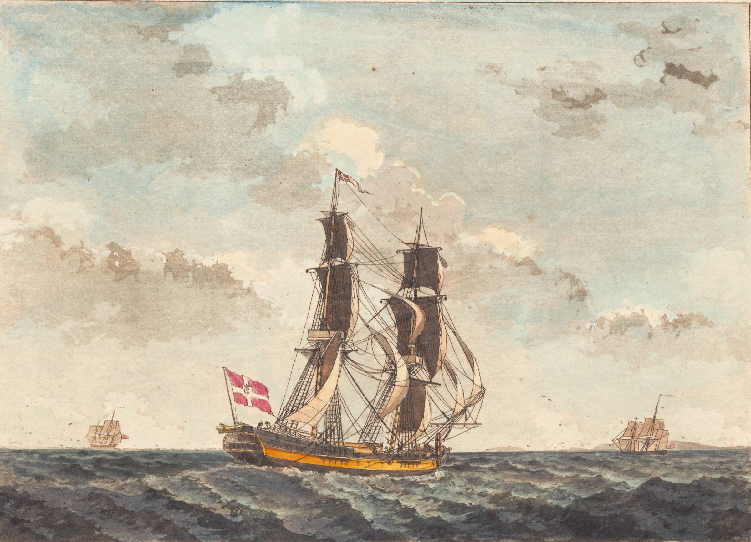 En dansk brig seilende nesten for vinden, Niels Truslew, 1805