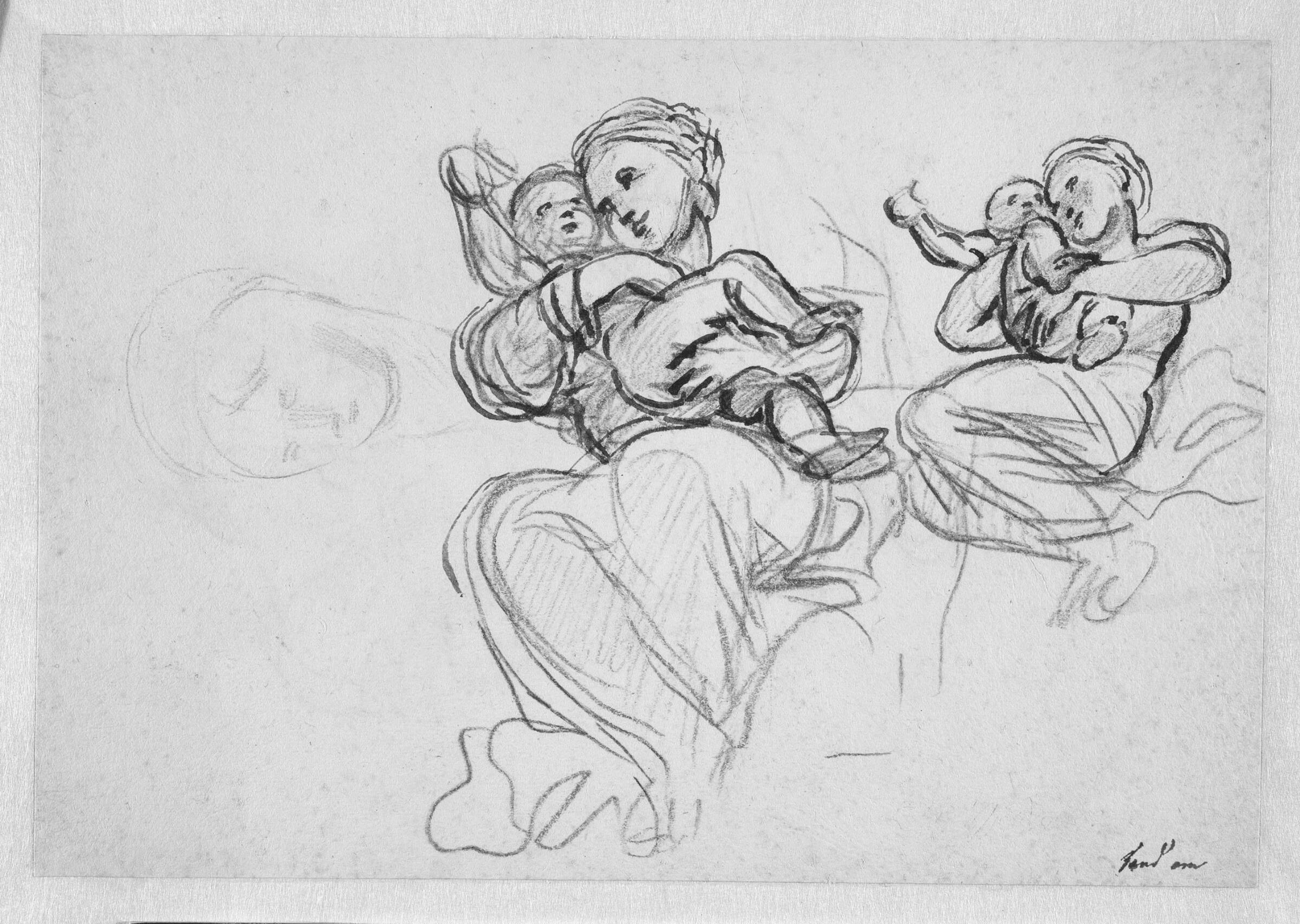 To studier af en kvinde med et barn og en af hovedet til en kvinde, Francesco la Marra, 1710-1780