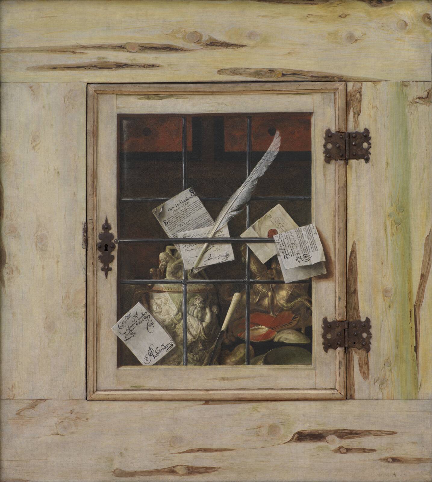 Trompe l'Oeil. A Cabinet of Curiosities with an Ivory Tankard, by Cornelius Norbertus Gijsbrechts, 1670