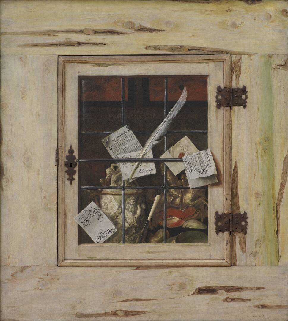 Trompe l'Oeil. A Cabinet of Curiosities with an Ivory Tankard, by Cornelius Norbertus Gijsbrechts, 1670