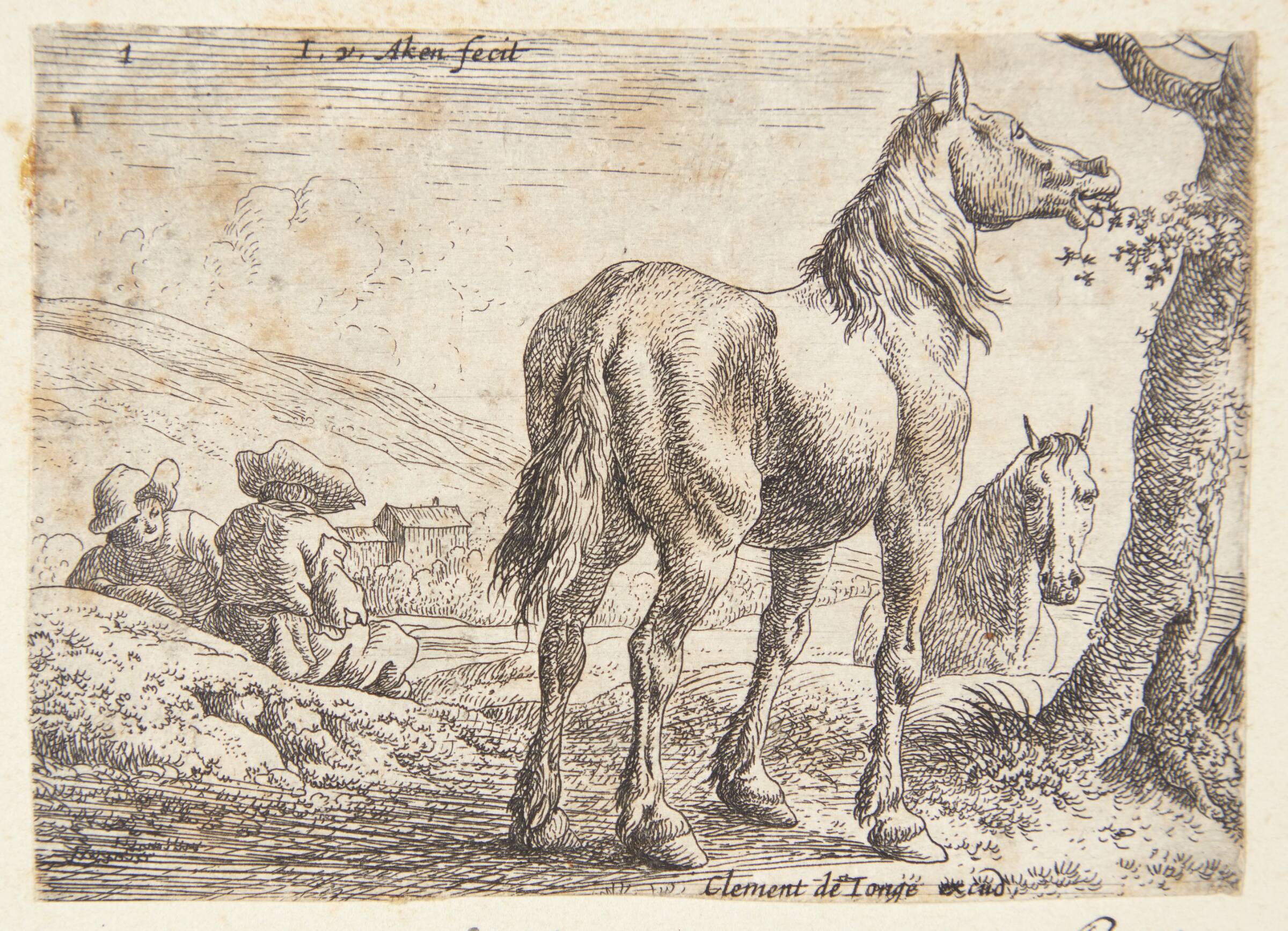 To heste, den ene spisende blade fra et træ, t.v. to siddende mænd, Jan van Aken, 1614-1661