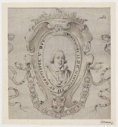Portræt af Vicenzo II, hertug af Mantova. Brystbillede i oval kartouche, en face. I kartouchen indskriften VINCENTIVS II.D.G. MANTVÆ VII. ET MONTISFER. V. DVX.
