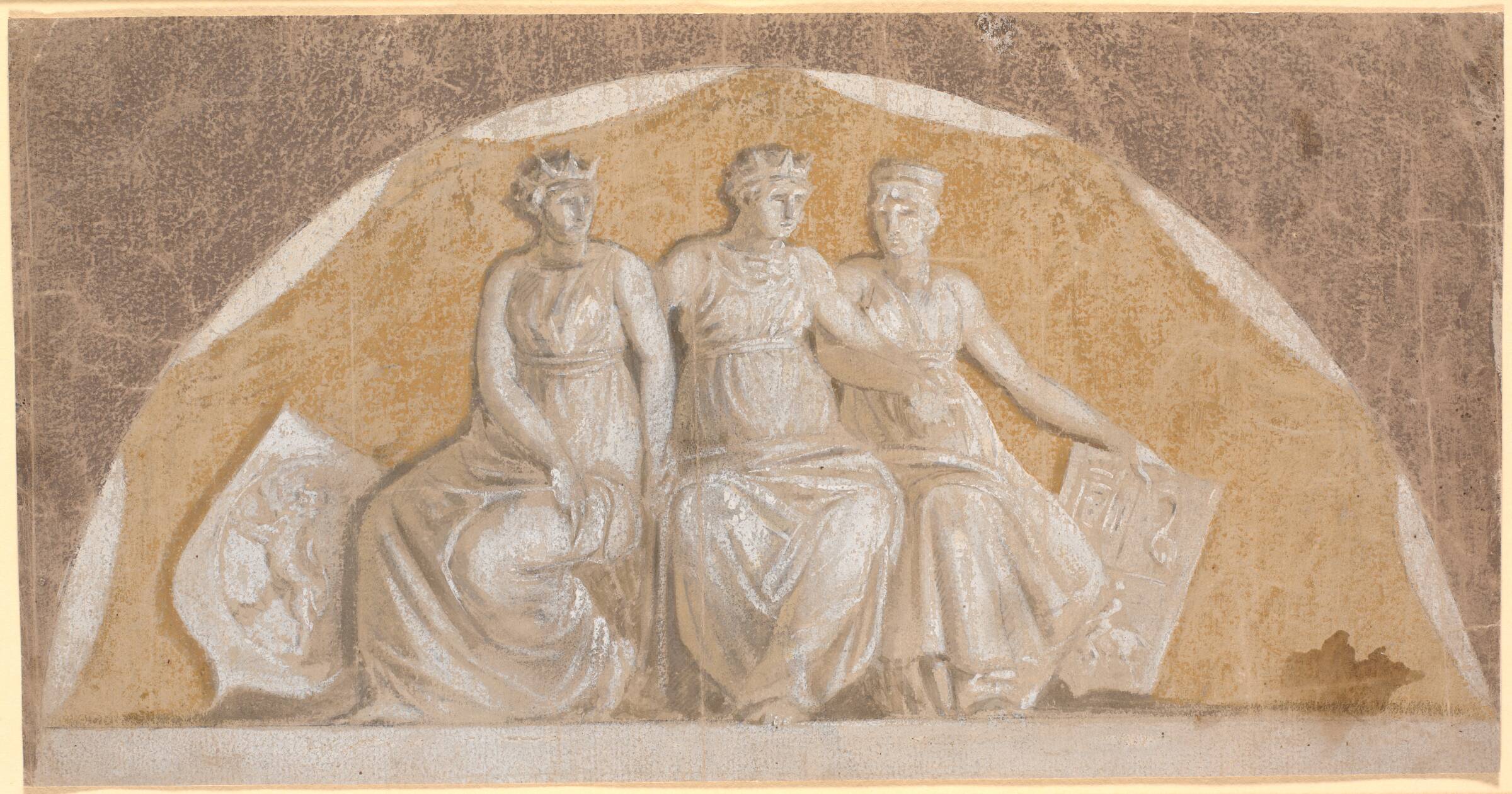 Halvrundt felt med tre runde kvindefigurer, de to yderste med skjolde, der synes at vise, at de fremstiller Norge og nordtyske lande (Stormarn og Ditmarsken?). Den midterste symboliserer formodentlig Danmark, Nicolai Abildgaard, 1743-1809
