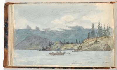 Fjordlandskab med robåd. Fjorden Krøderen, Norge