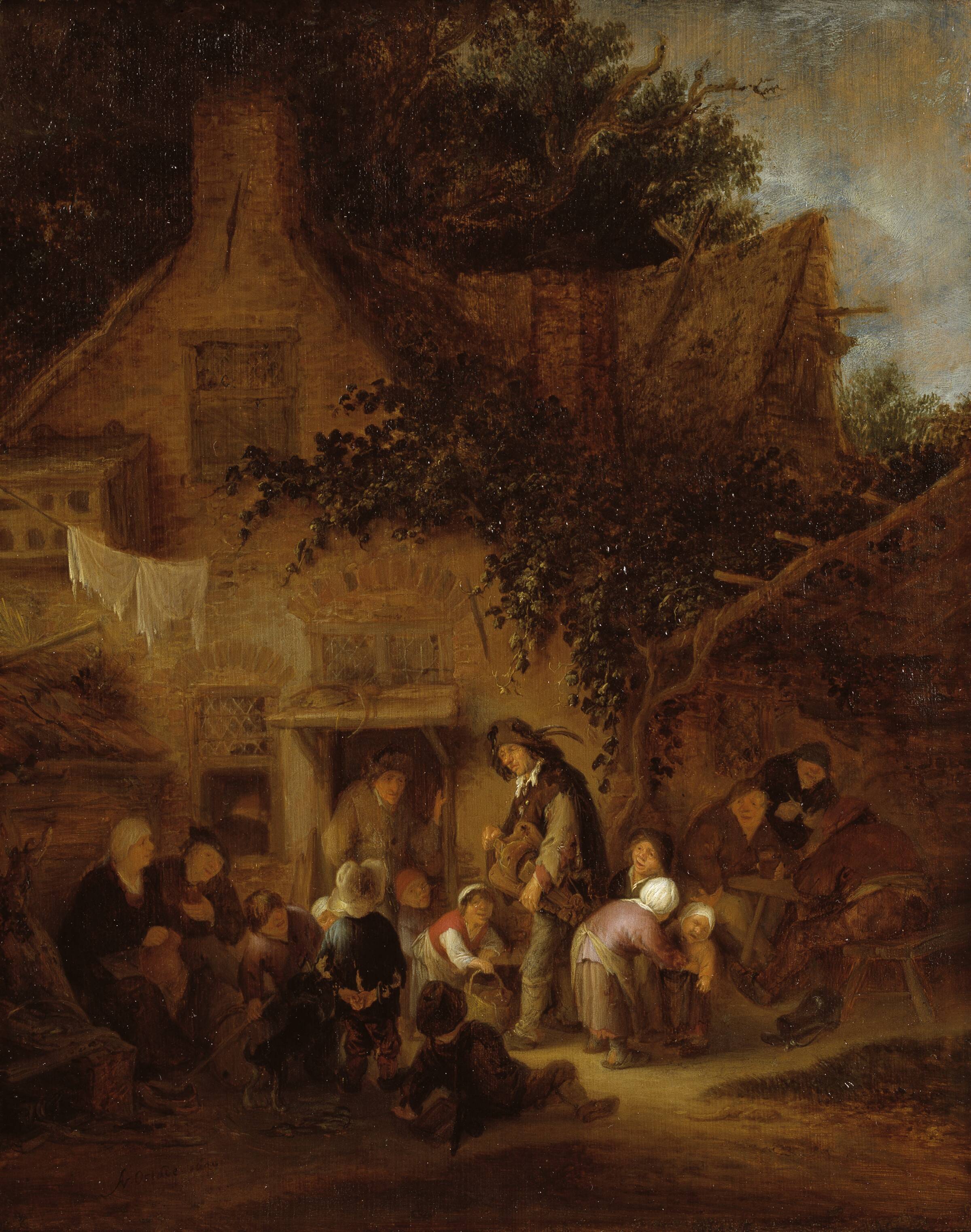 Lirendrejeren uden for et bondehus, Adriaen van Ostade, 1640