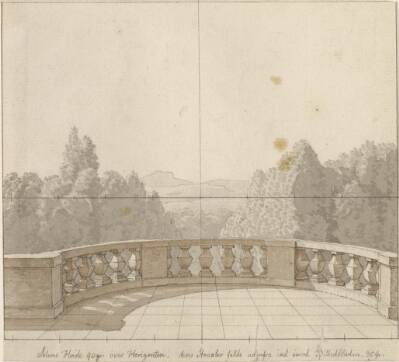 Linearperspektiven, anvendt paa malerkunsten - udkast til ikke anvendt illustration - Udsigt fra sydlandsk terrasse.