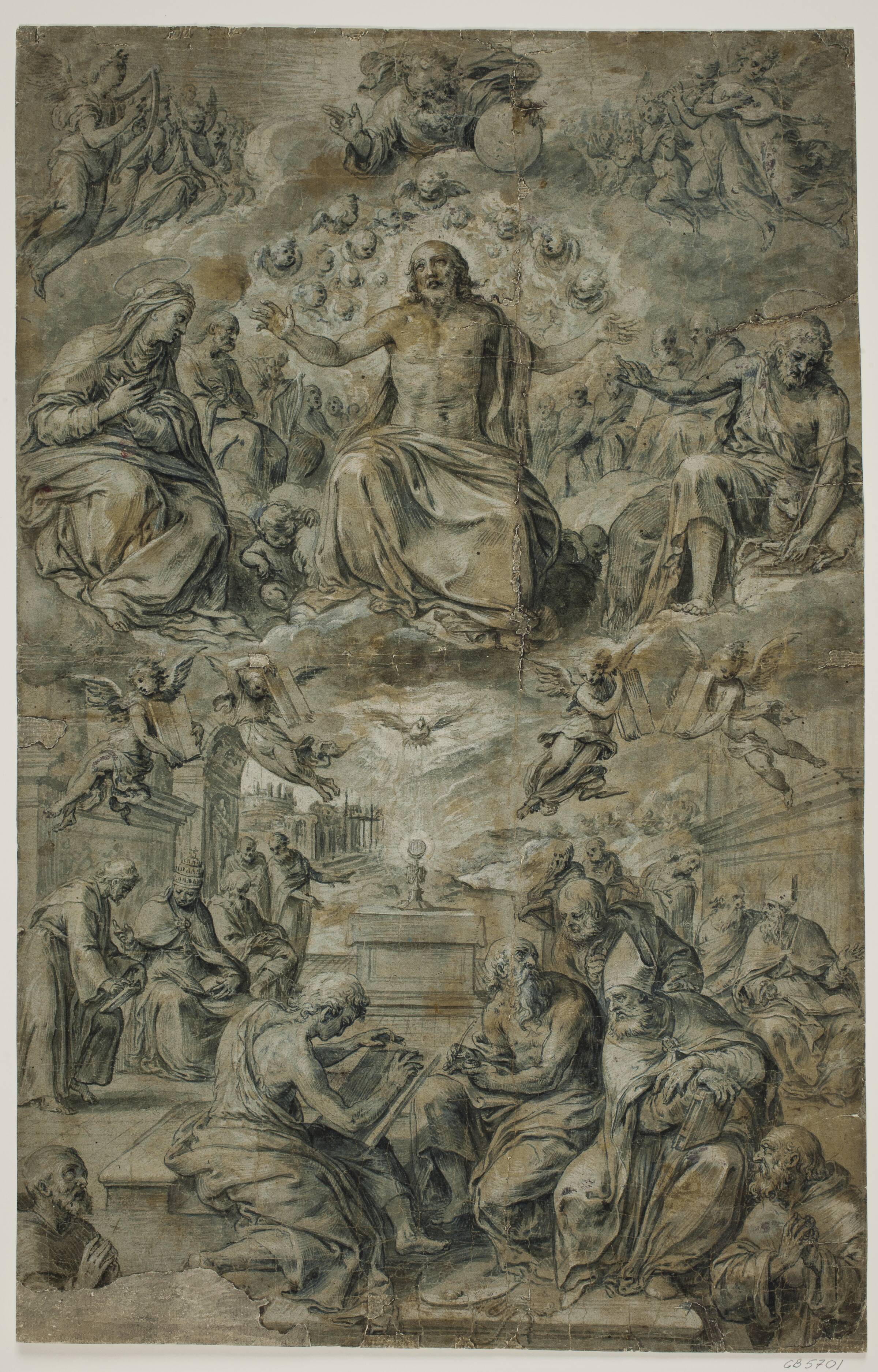 Striden over det hellige sakramente med treenigheden svævende i skyen, Avanzino Nucci, 1551-1629