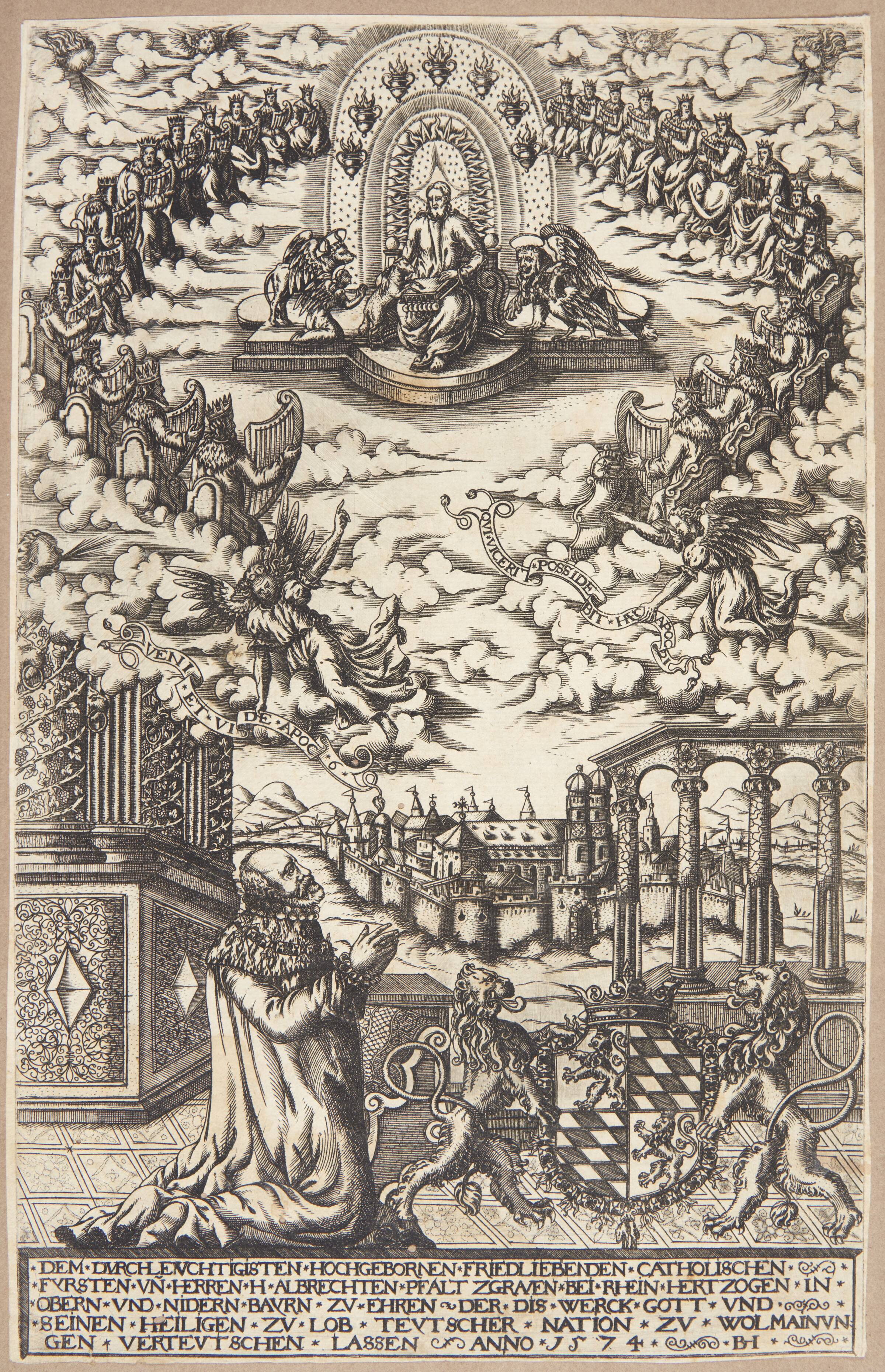 Dedikationsblad med Albrecht V., der knæler for Kristus, Balthasar Jenichen, 1574