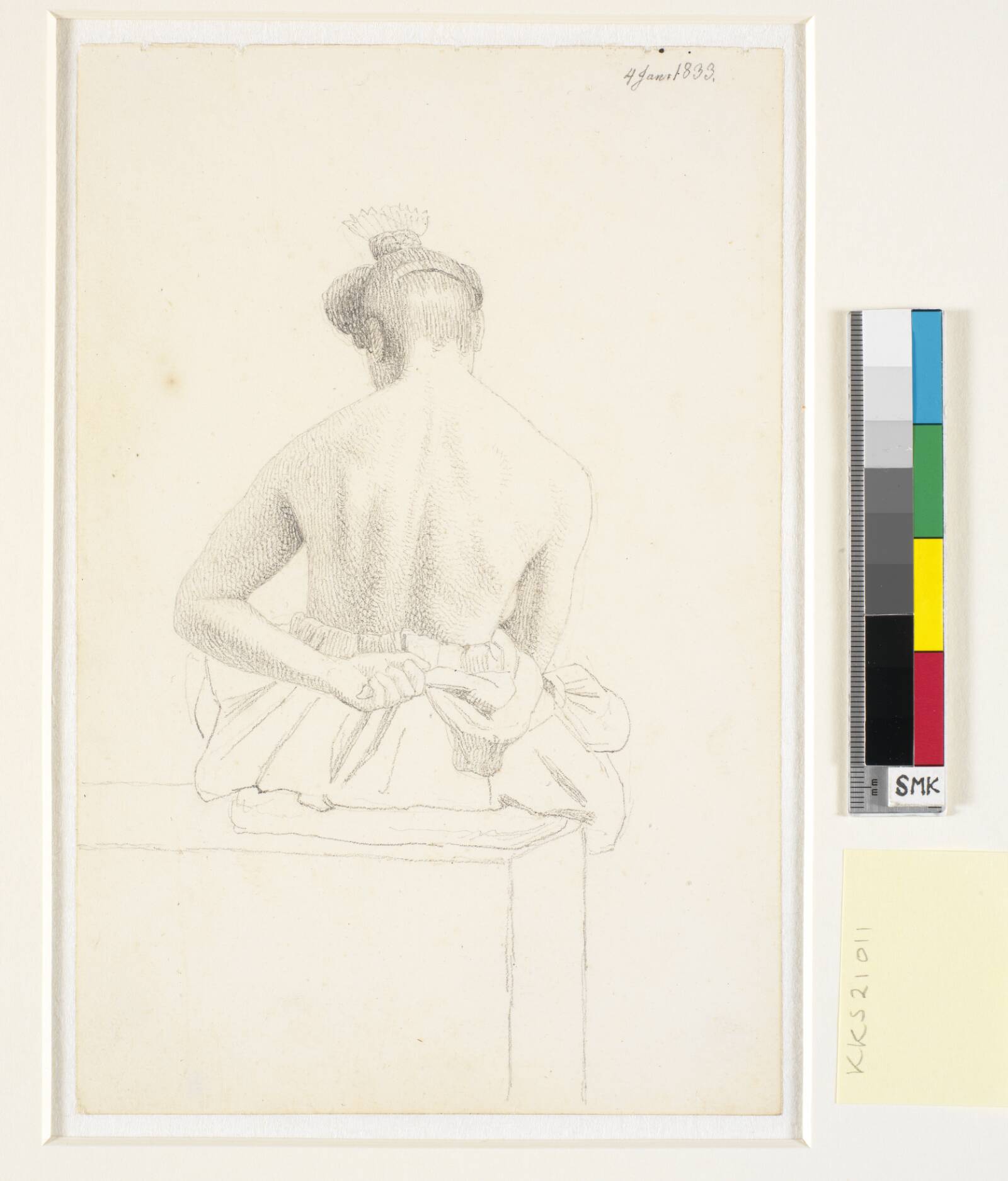 Siddende kvindelig model set bagfra, Erling Eckersberg, 1833