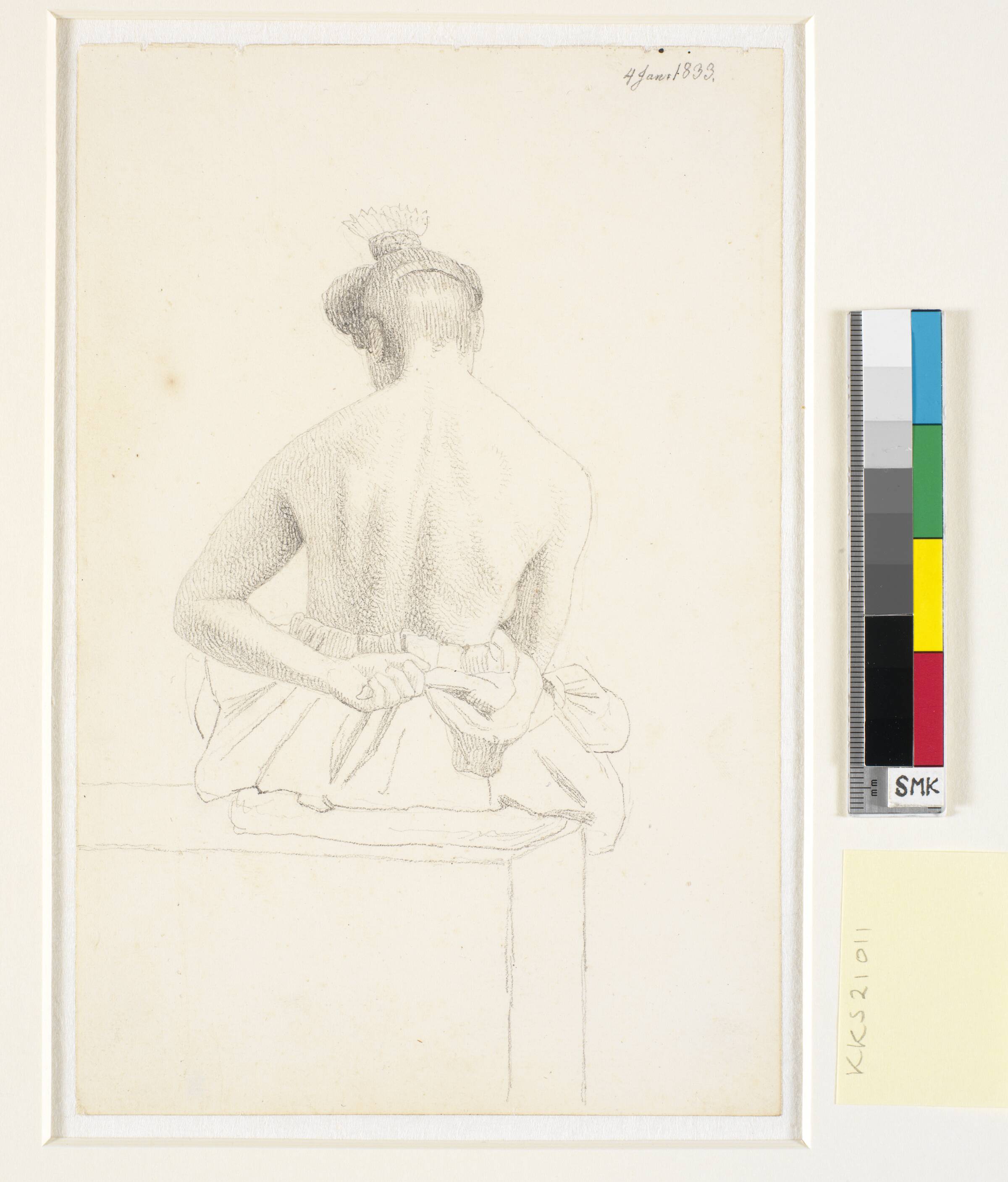 Siddende kvindelig model set bagfra, Erling Eckersberg, 1833