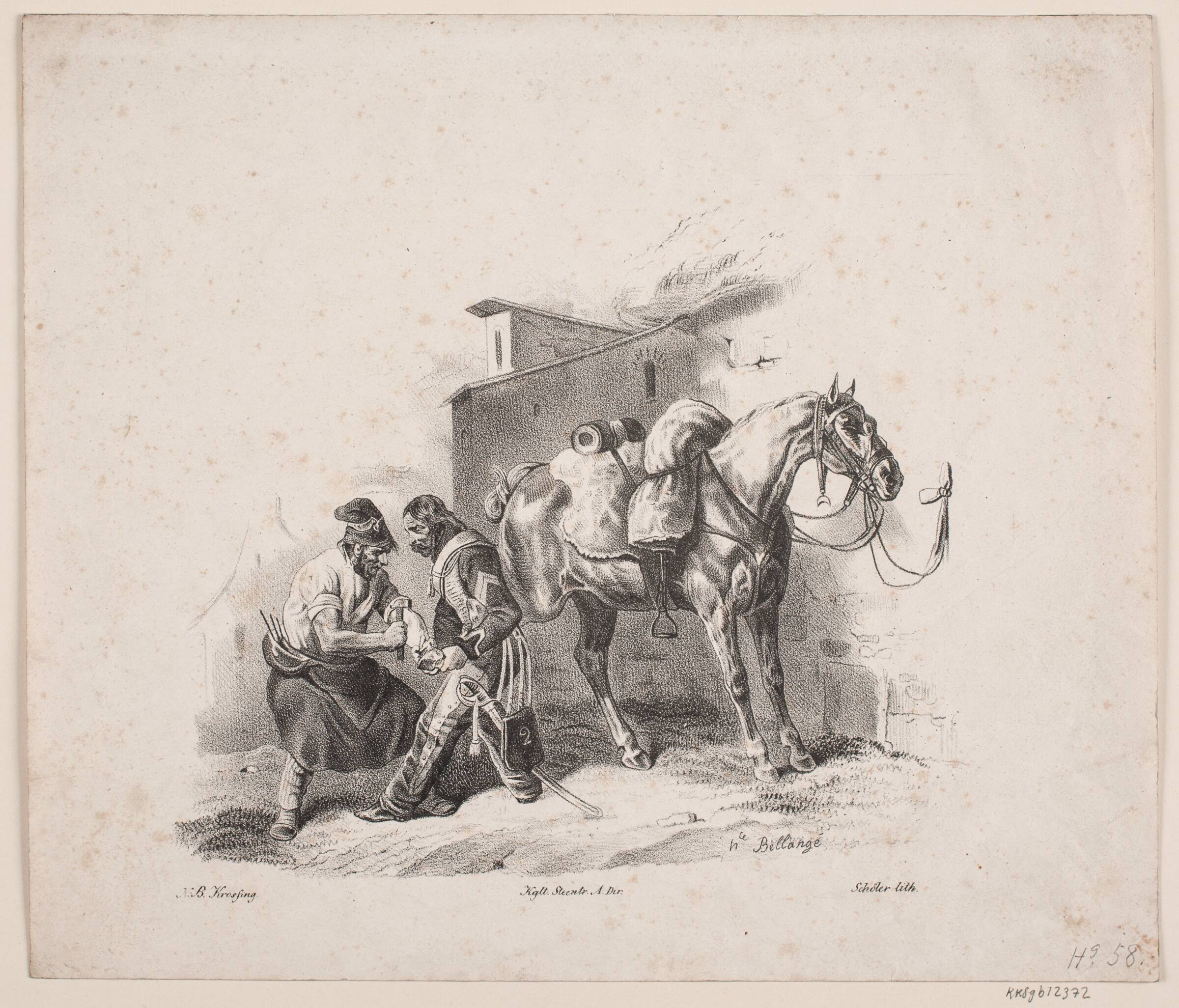 En kavallerist får sin hest skoet, Peter Christian Schøler, 1834-1866