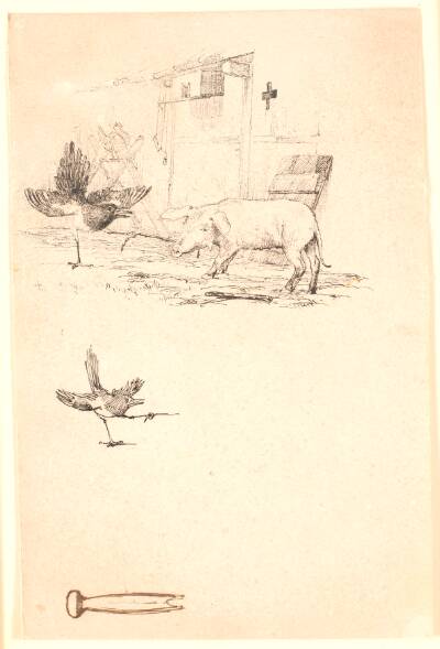 Storken og grisen. Nedenunder studie af skaden og et stykke værktøj. Illustration til Kaalunds "Fabler for Børn". Se kommentar fra arkkatalog.