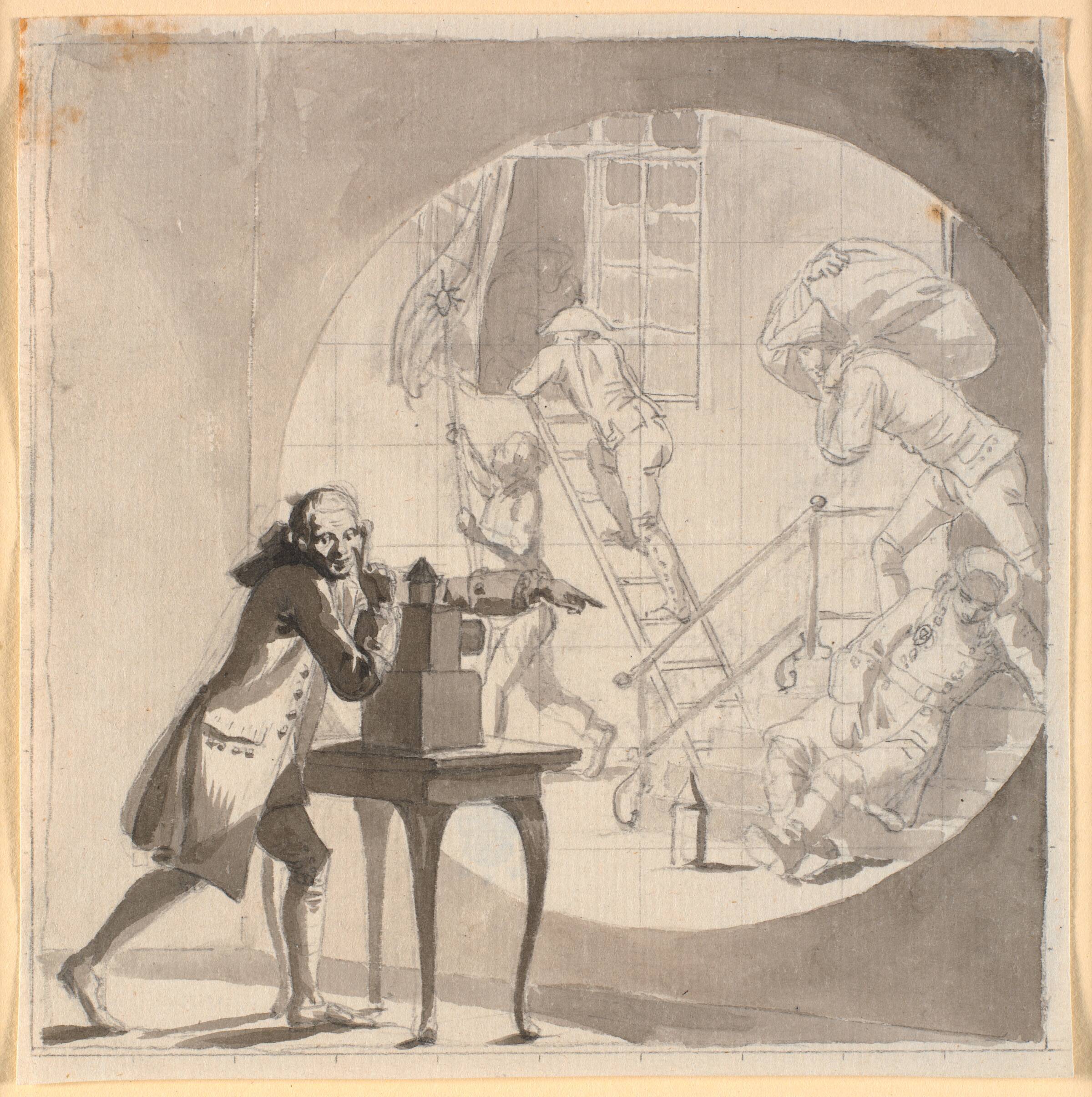 En mand med en laterna magica viser et tyveri, der foregår for næsen af den sovende vægter, Nicolai Abildgaard, 1743-1809
