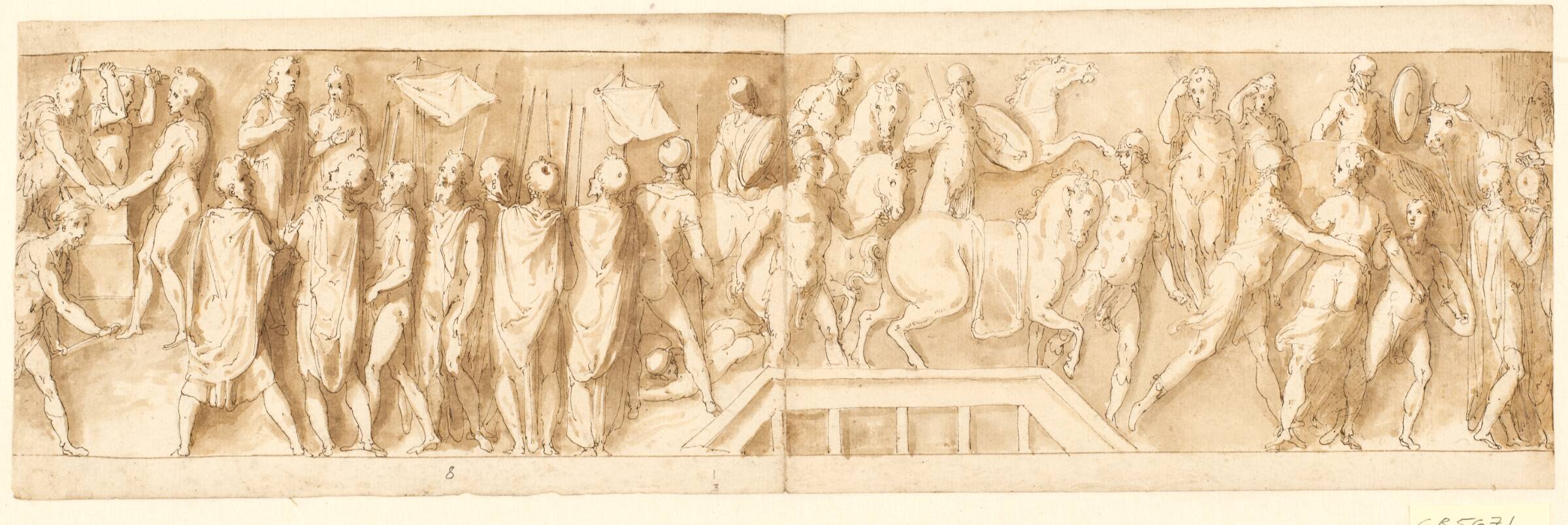 Romerske soldater opfører en lejr; en taler foran soldater; romere krydser en flod over en pontonbro; kvinder tages til fange, Джованни Гуэрра, 1544-1618