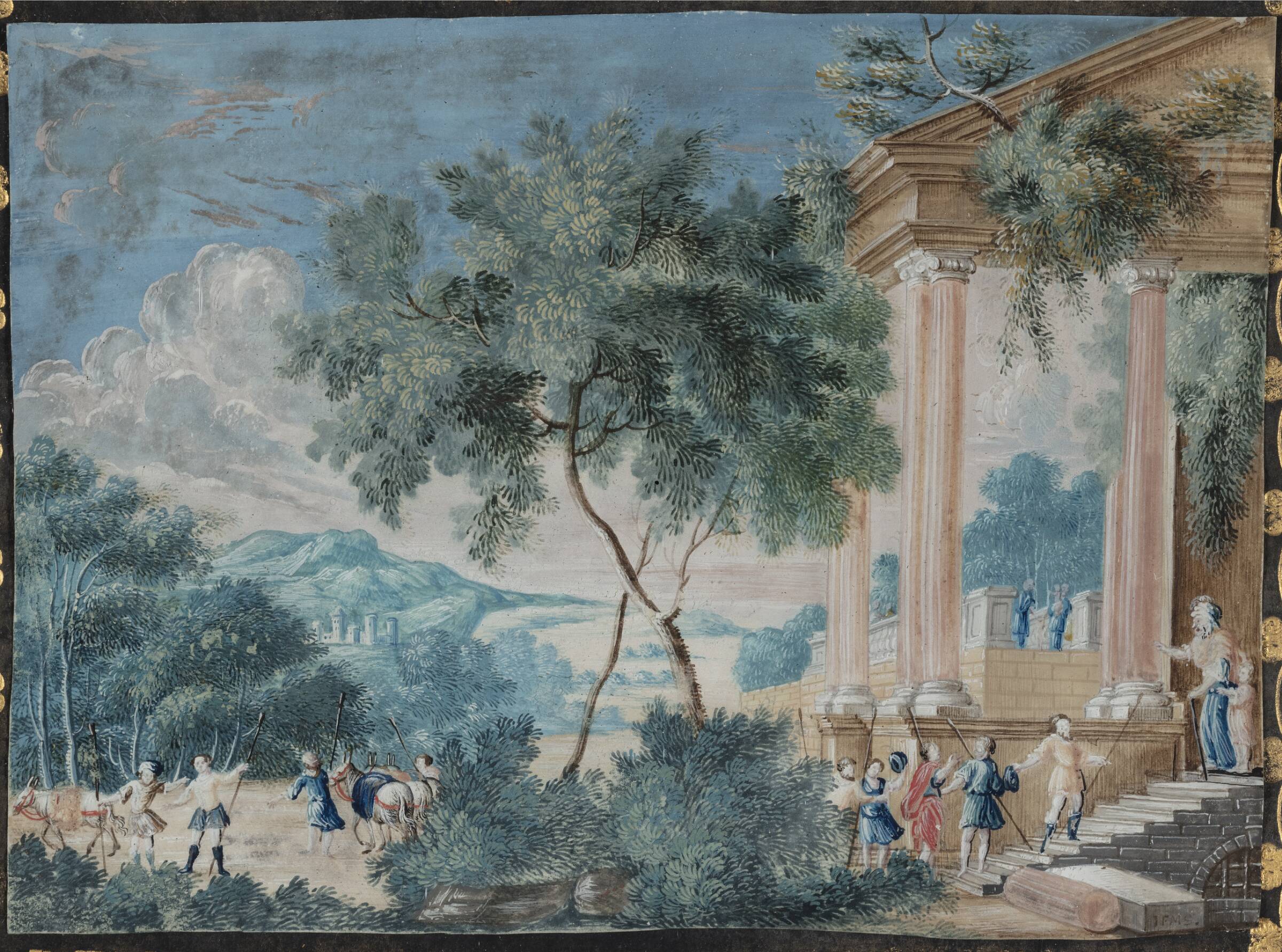 Landskab med udsigt til bjergene, t.h .i forgrunden en søjlehal, hvoraf en olding og en dreng træder ud. T.v. bønder med æsler., Schröder, 1675-1775