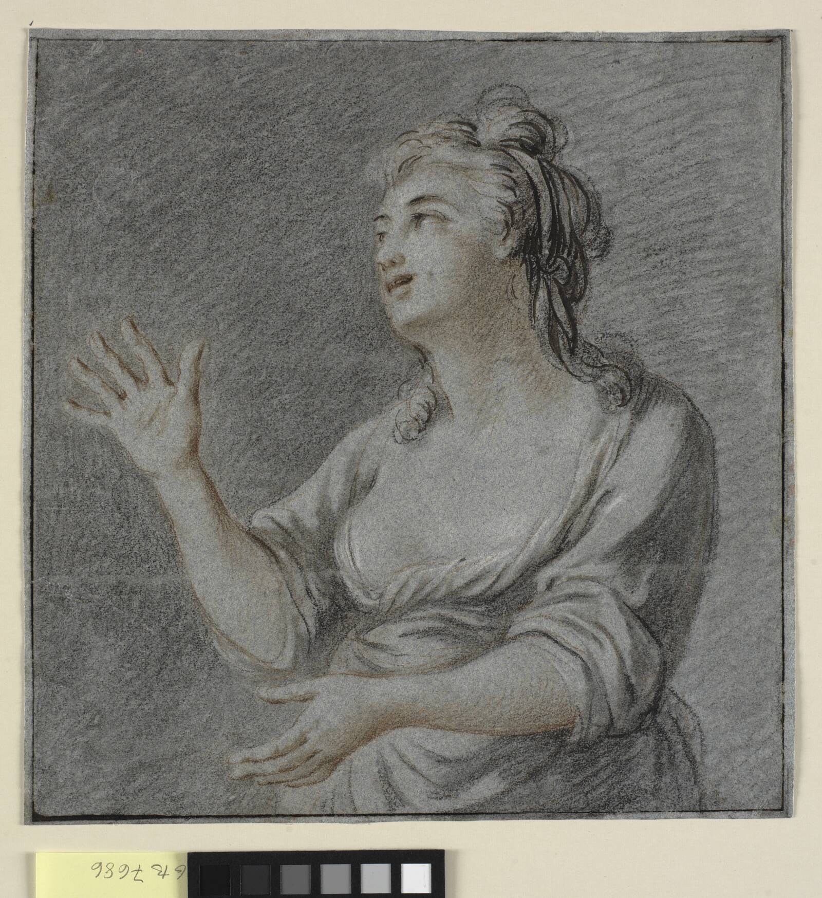 Modelstudie. Dame med løftede arme. Halvfigur, Ubekendt, 1715-1719