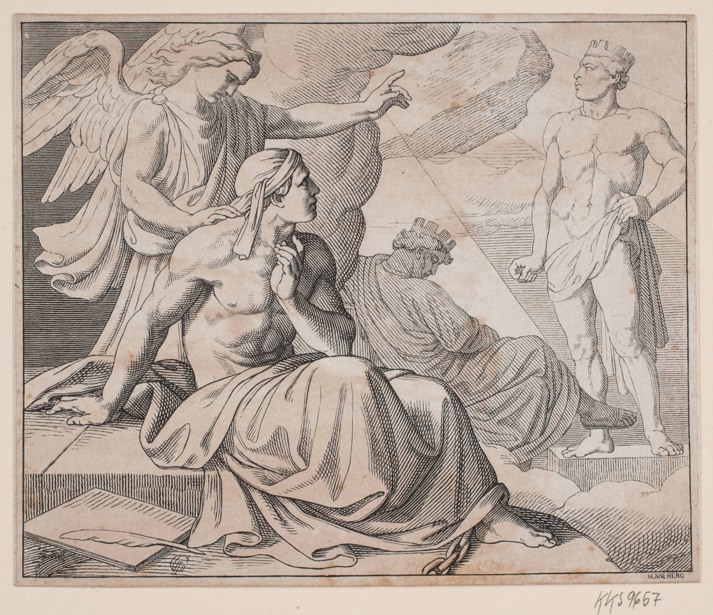 Allegorisk blad. En engel lægger hånden på en mands skulder og peger på en statue, H.C. Henneberg, 1826-1893